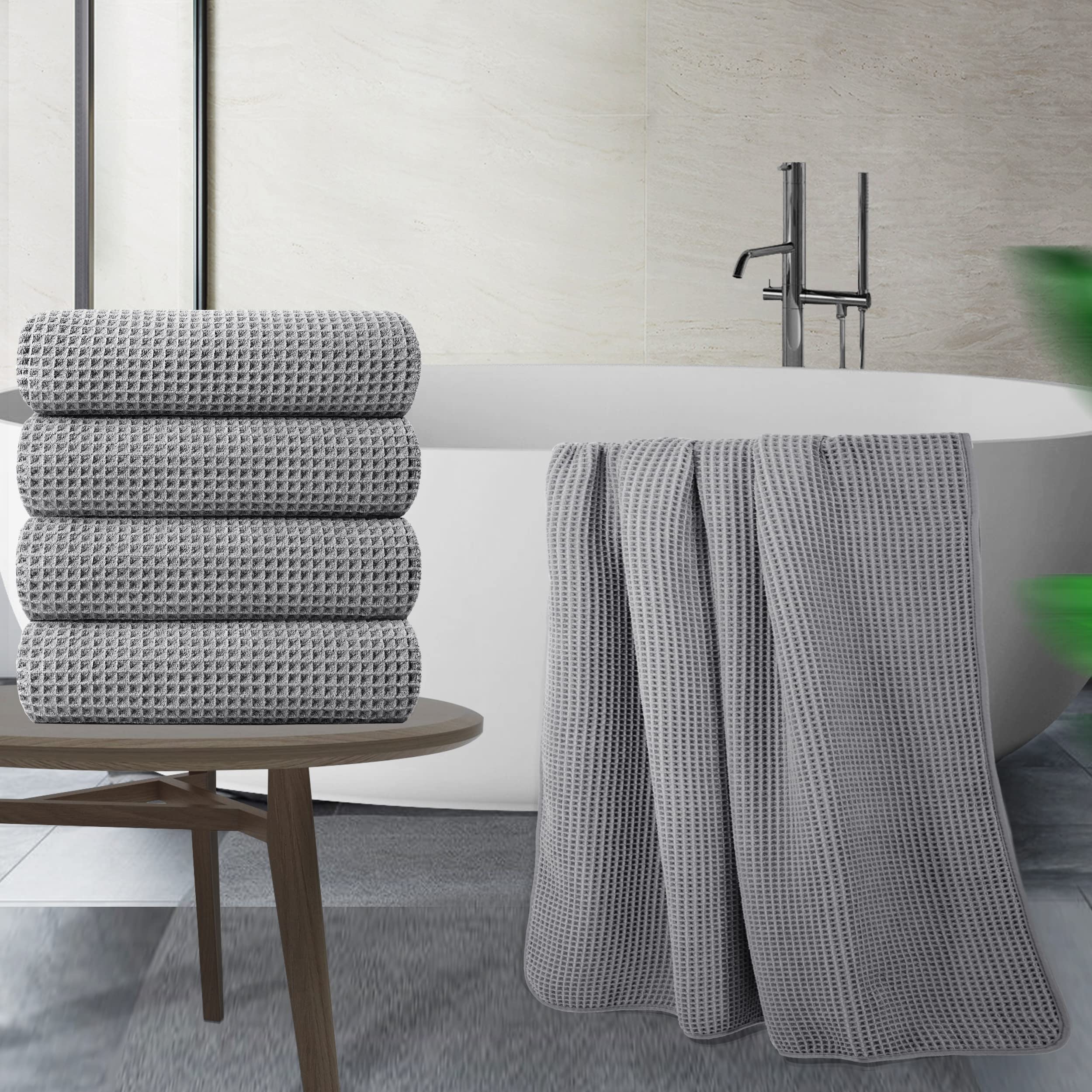Polyte Microfibre Bath Towels – Quick Dry Waffle Weave, 4 Pack, Grey