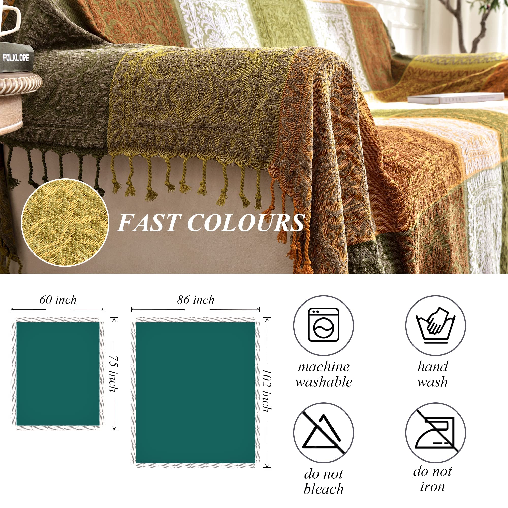Edcooy Bohemian Chenille Throw Blanket with Tassels for Sofa – Green