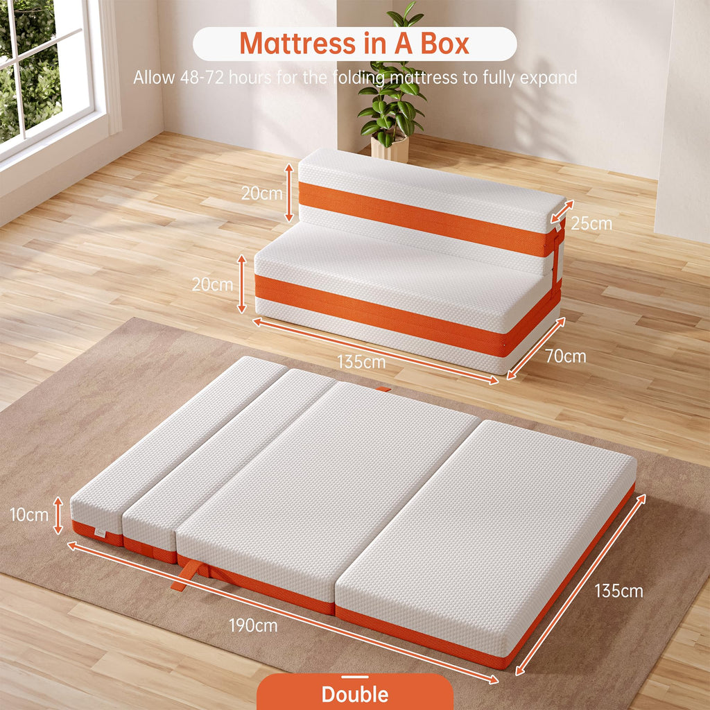 TeQsli Folding Mattress, 10cm Double Foldable Mattress, Memory Foam with Removable Washable Cover, for Guest Sofa Bed, Camping, Travel 135x190x10cm