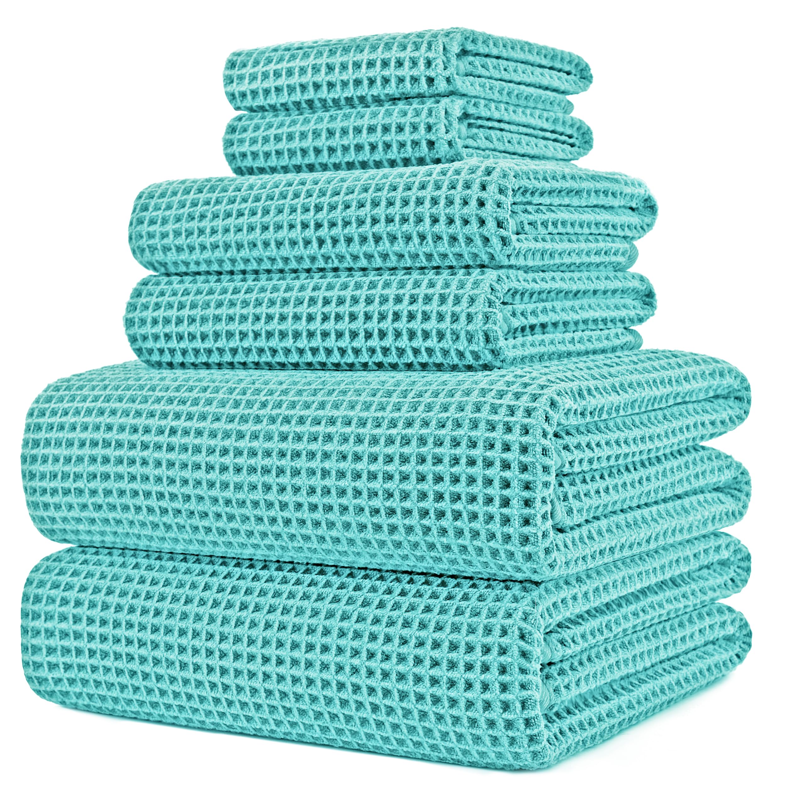 Polyte Microfiber Bath Towel Set - 6 Piece Quick Dry Waffle Weave, Aqua