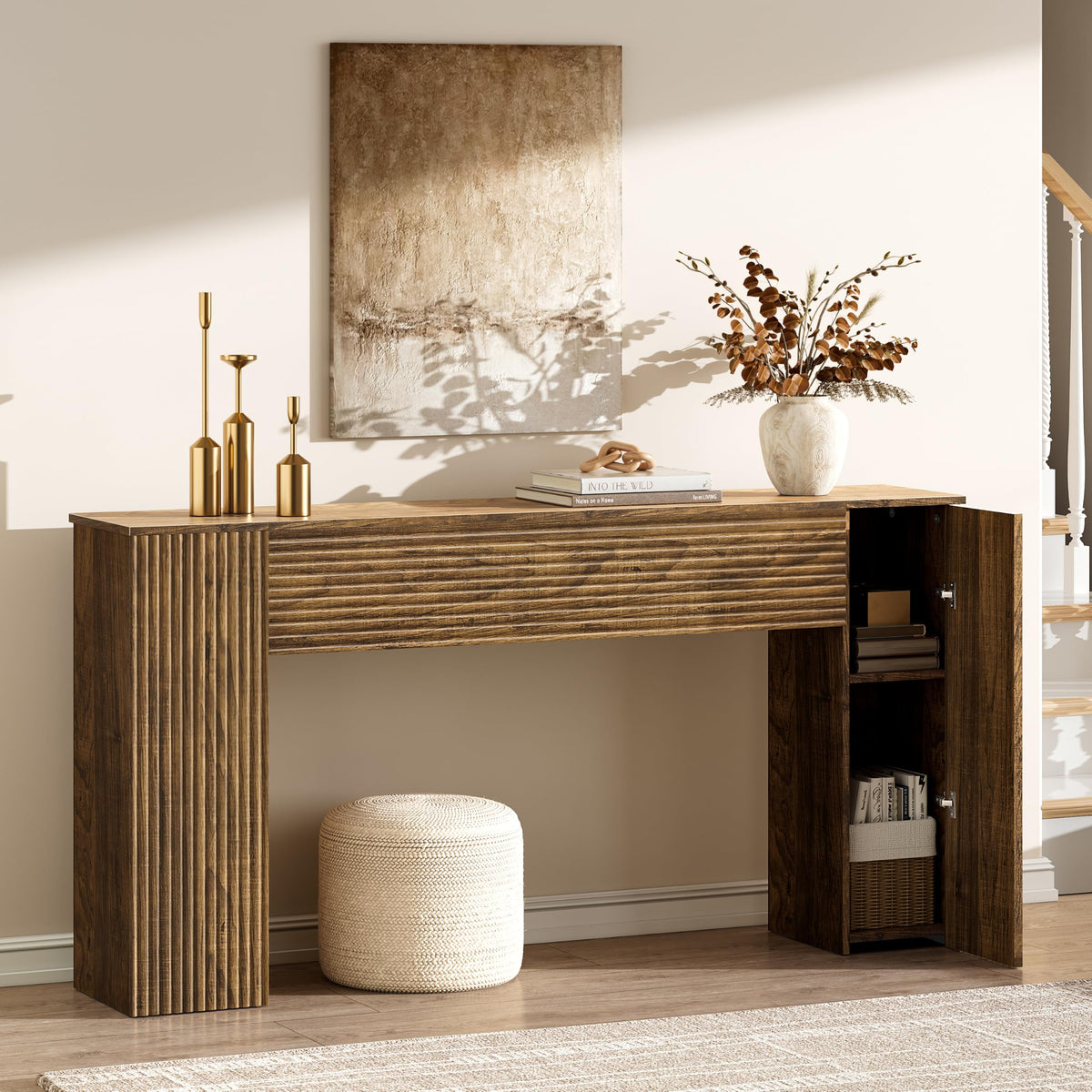 Mossora 155cm Brown Fluted Narrow Console Table with Storage Cabinets - image 5