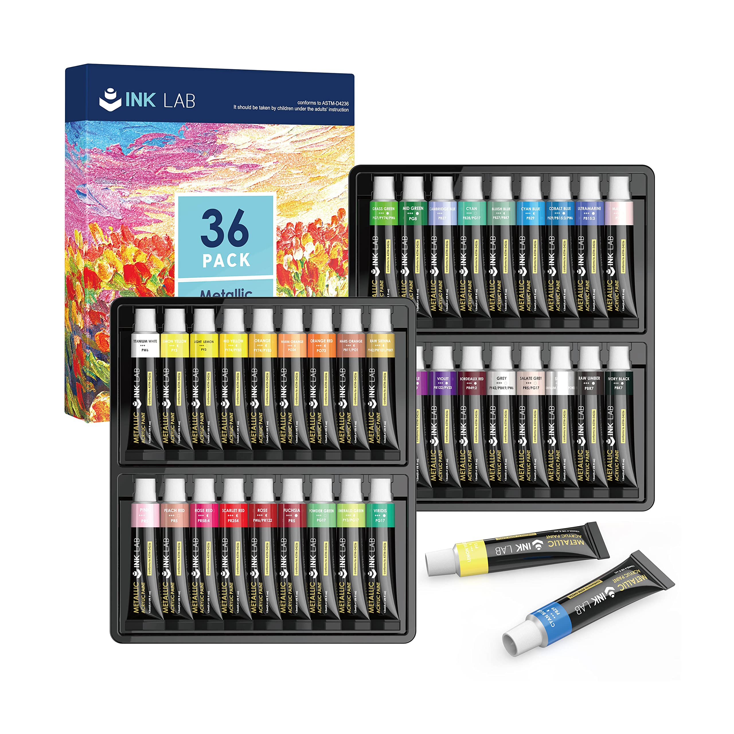 INK LAB Metallic Acrylic Paint Set - 36 Non-Toxic Tubes for Canvas & Wood