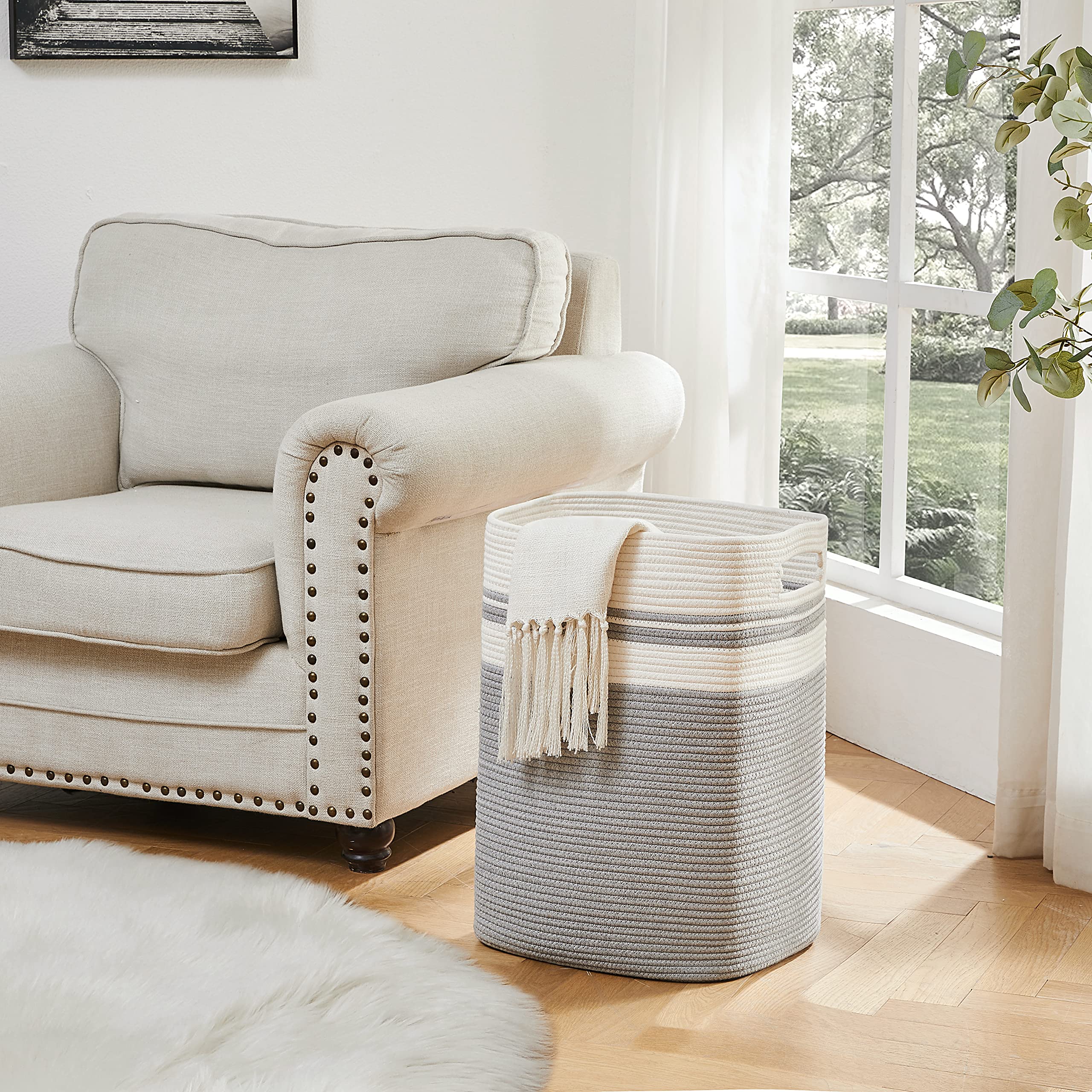 OIAHOMY Tall Cotton Laundry Hamper – Large Woven Storage Basket, Gray