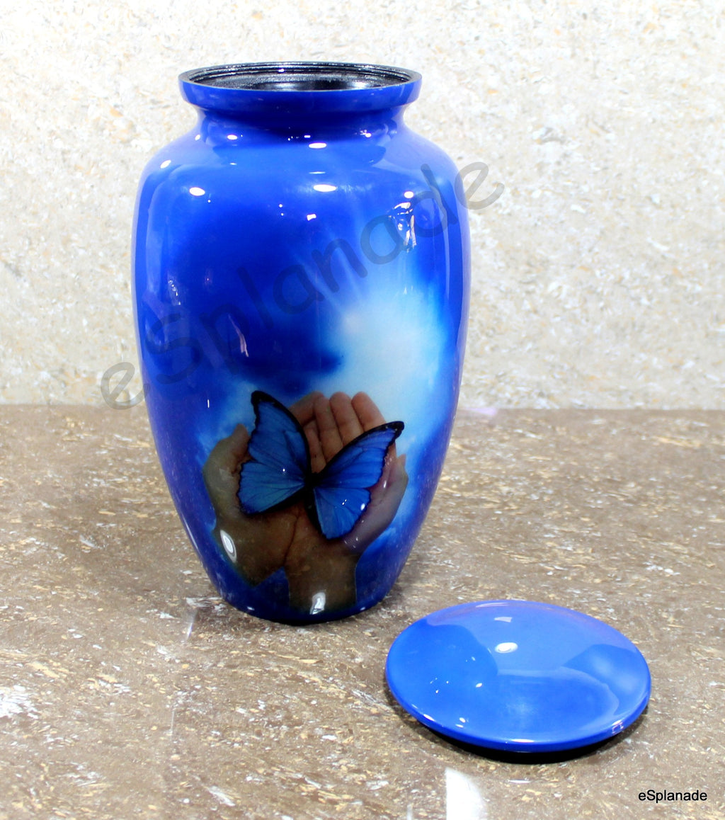 eSplanade Metal Cremation Urn - Blue Butterfly Memorial Jar - 10 Inch