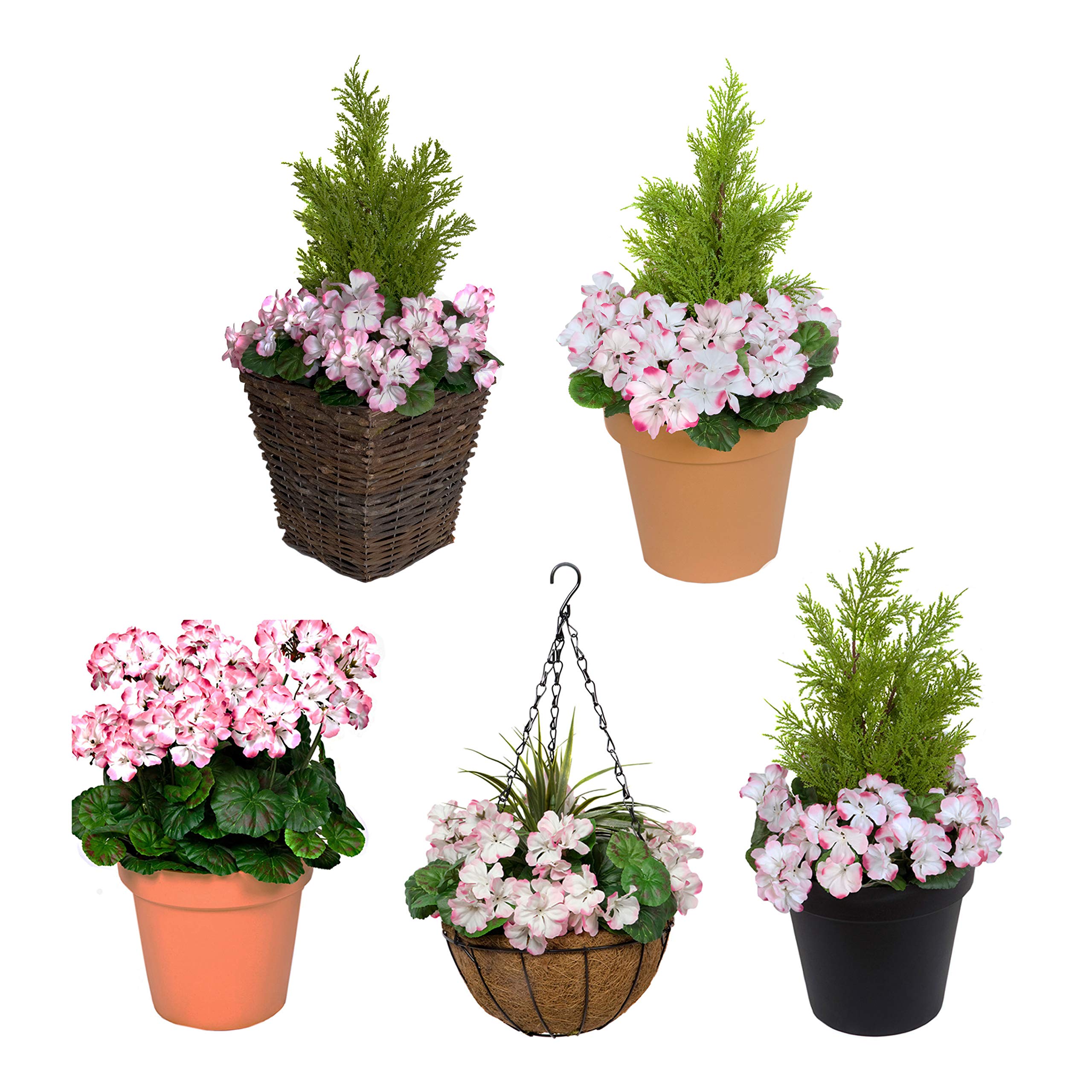 GreenBrokers Artificial Pink Geranium Coir Hanging Baskets - Set of 2