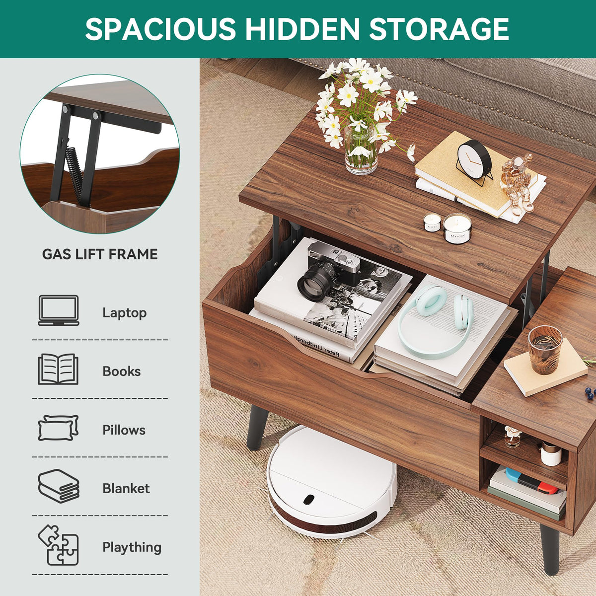 YITAHOME Lift Top Coffee Table with Hidden Compartment, Adjustable Storage Shelf, Spring Lifter, Coffee Table with Storage for Living Room - image 2
