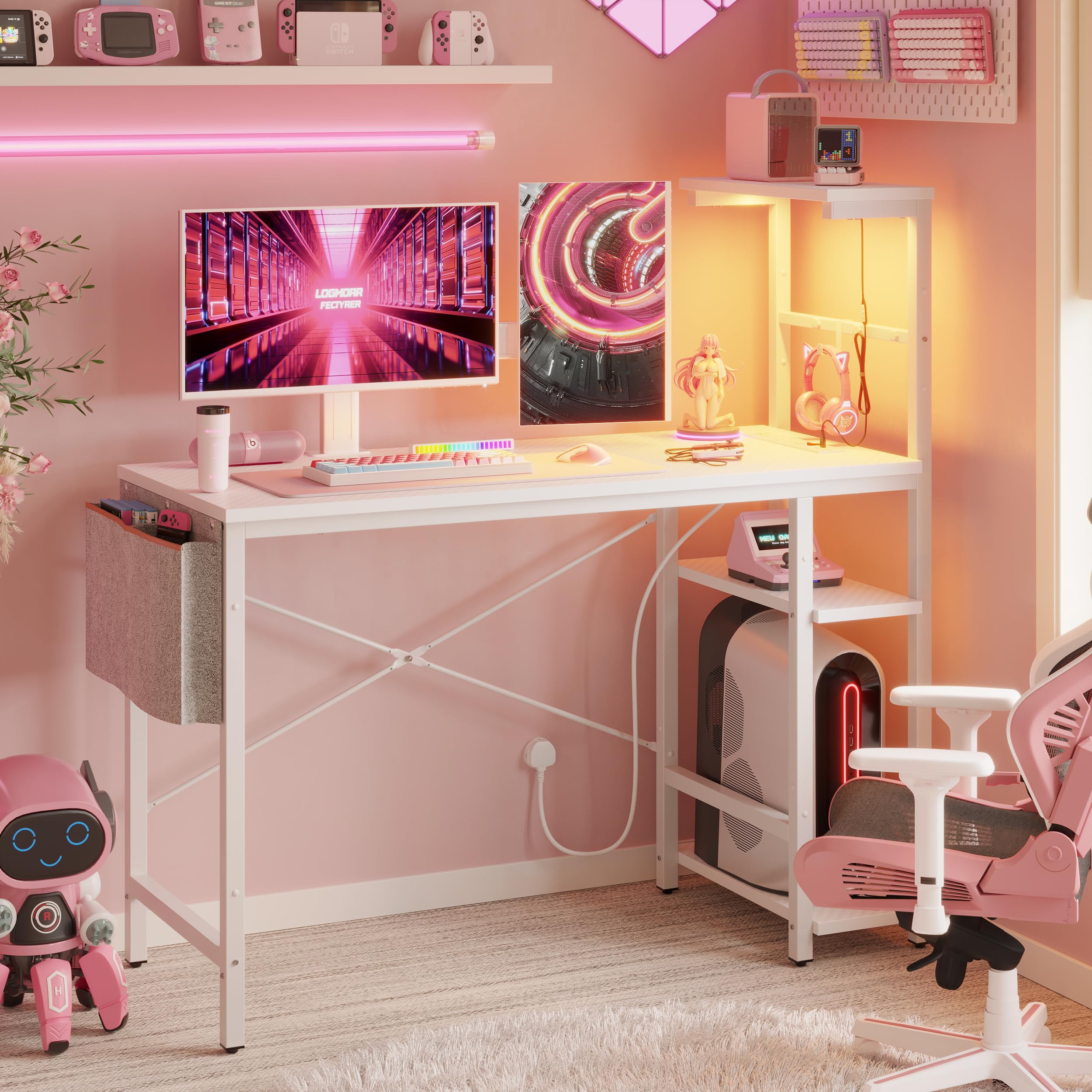 Bestier 113CM Corner Computer Desk with LED Lights and Power Outlets