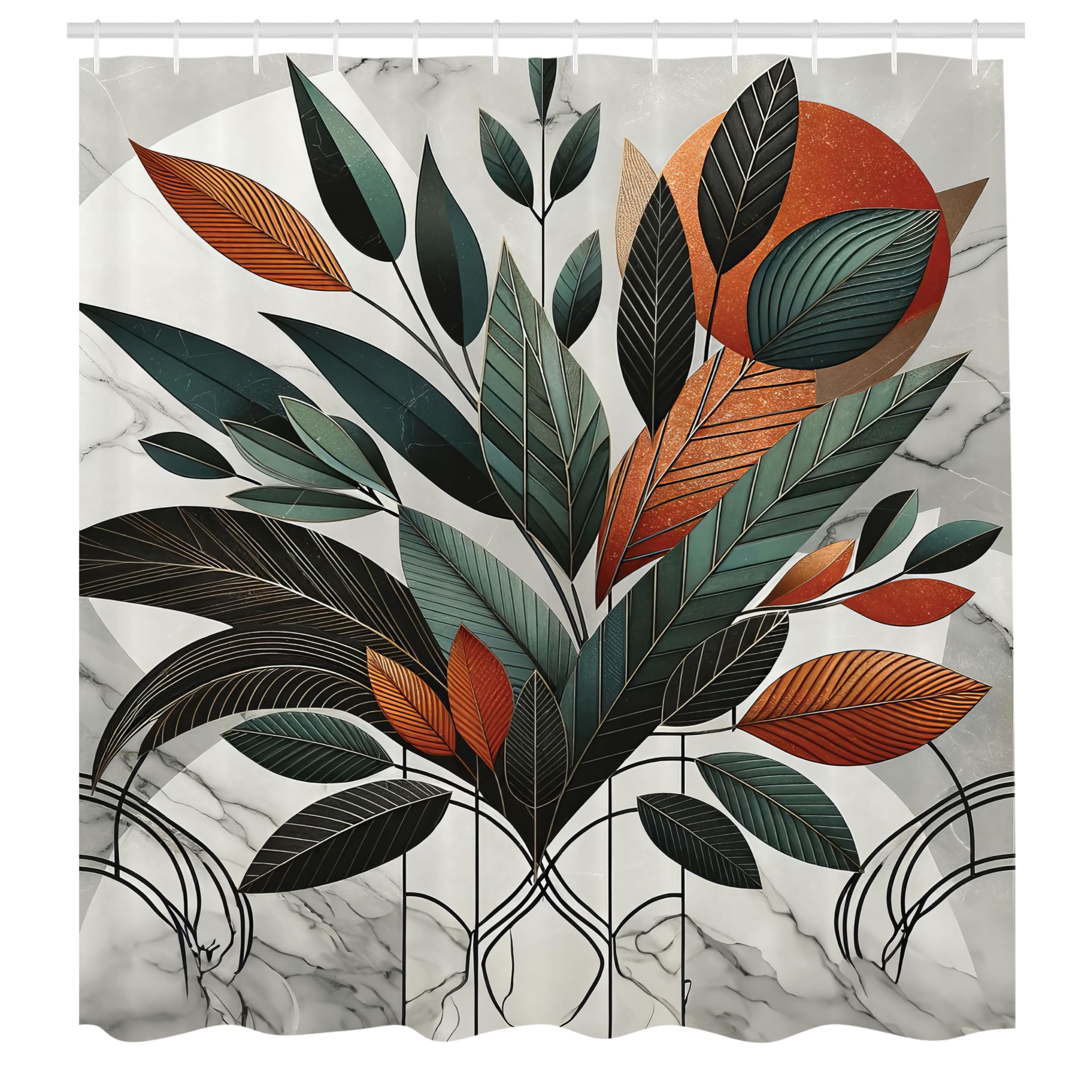 Abakuhaus Boho Shower Curtain – Mid Century Leaves Waterproof Fabric Decor