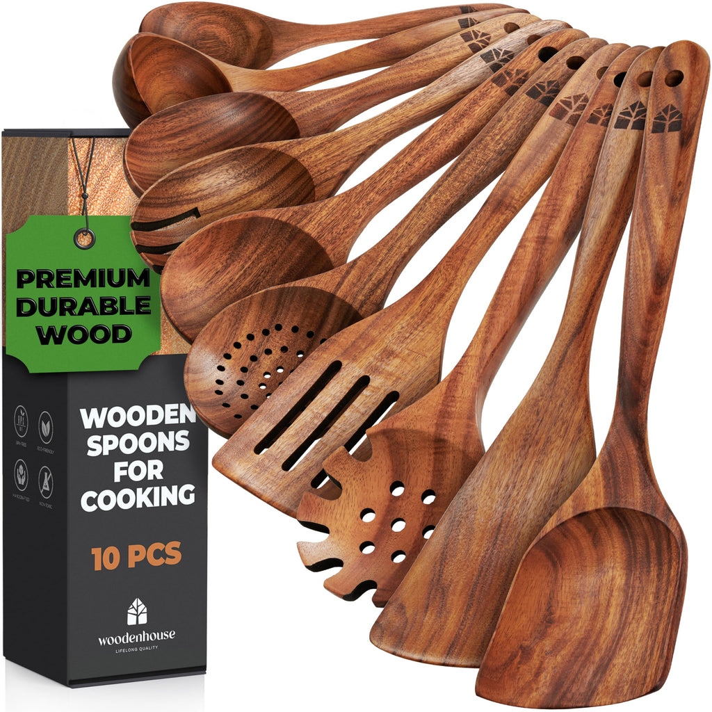 10-Piece Teak Wood Cooking Utensil Set for Nonstick Cookware