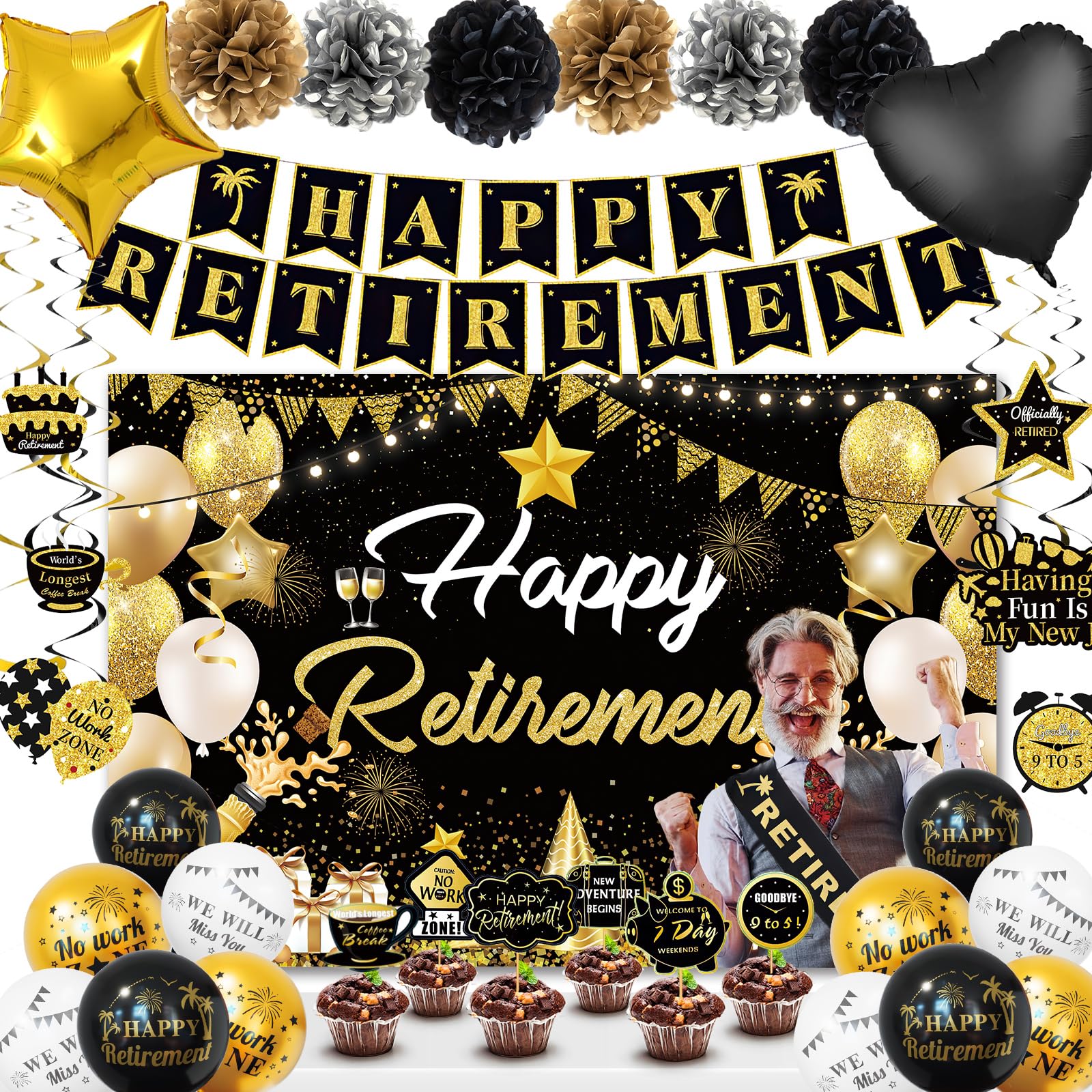 Black & Gold Retirement Party Decorations Kit with Backdrop