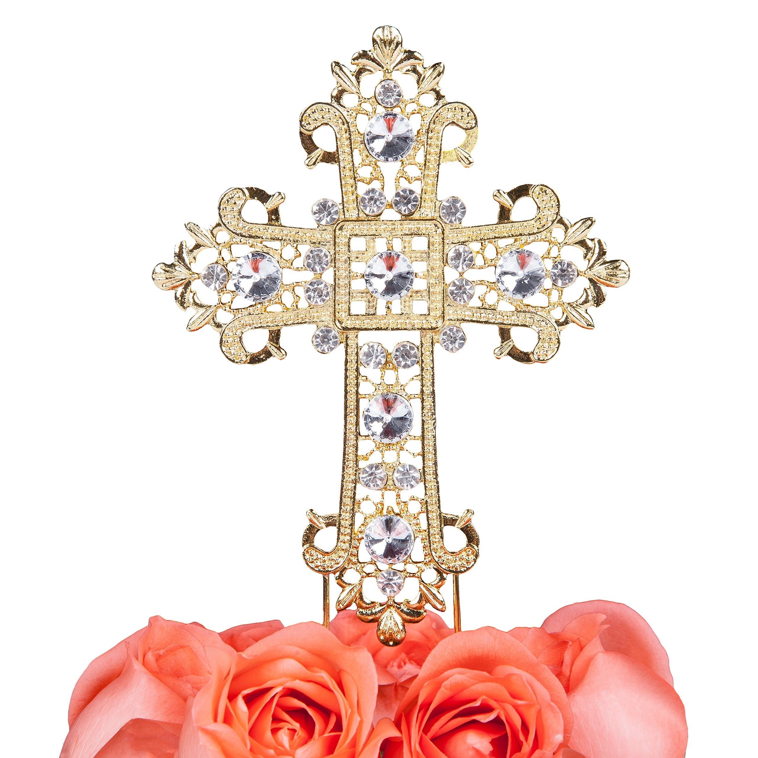 Jolof Store Gold Baptism Cross Cake Topper – Large Rhinestone Crystal