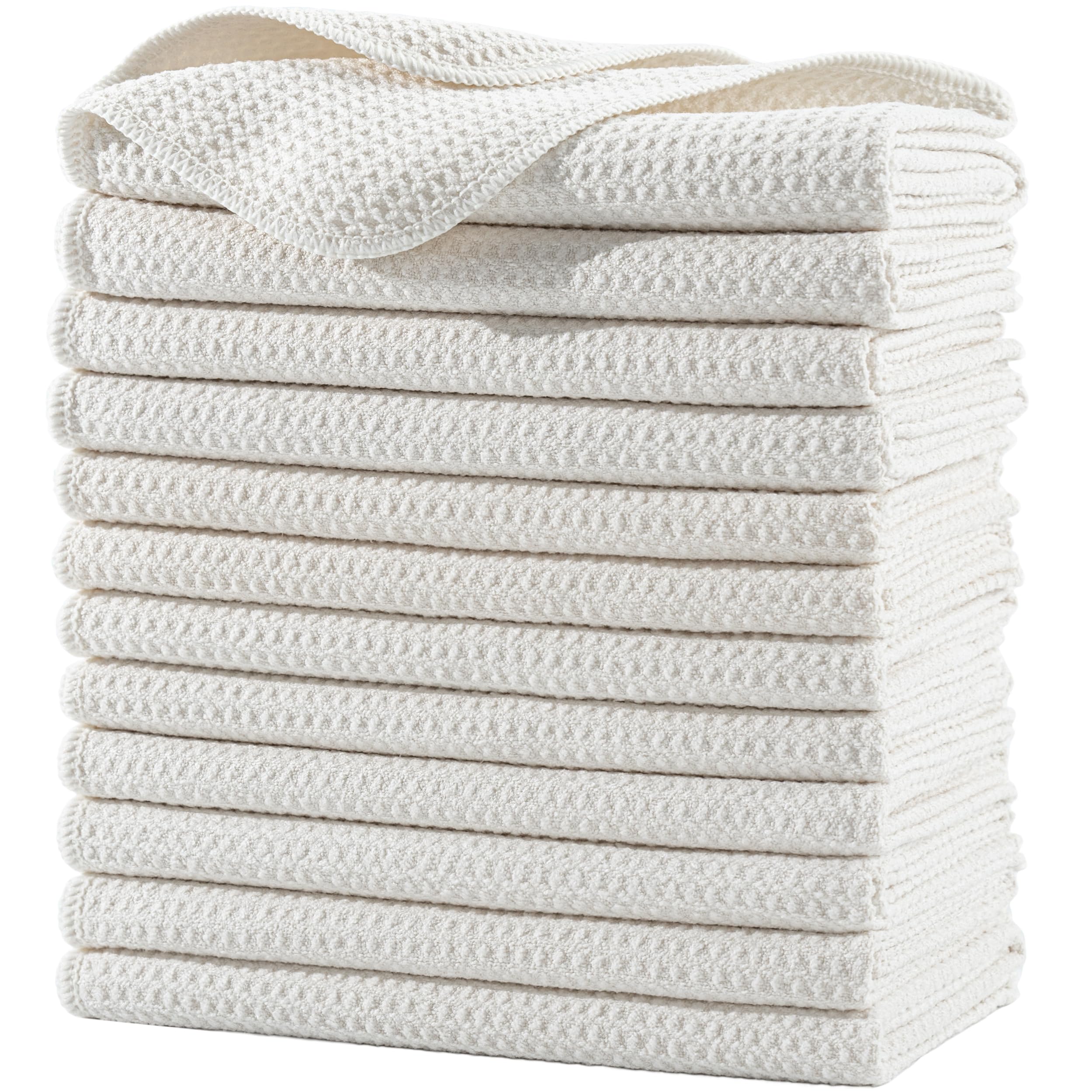 Polyte Microfiber Kitchen Dish Towels - Waffle Weave, Off White, 12 Pack