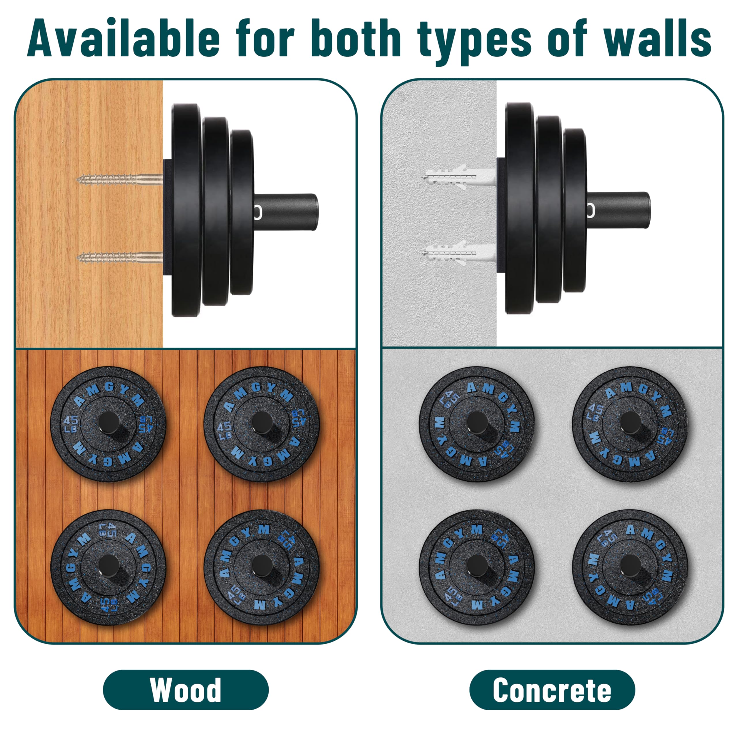 MIUONO Wall Mounted Weight Plate Holder for 2" Olympic Plates, 4 Pack