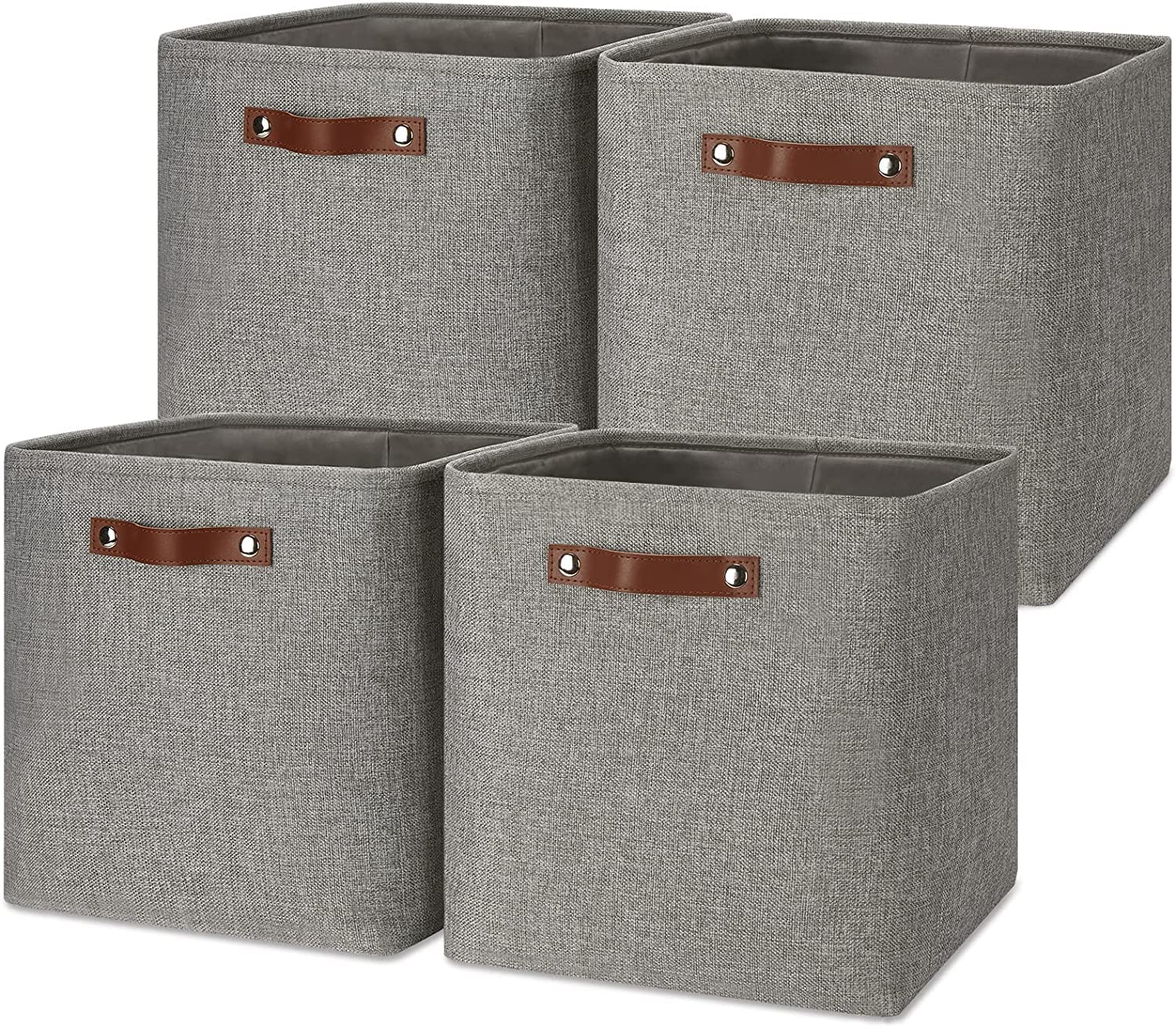Mangata Grey Canvas Storage Cube Baskets with Leather Handles - 33x38x33cm
