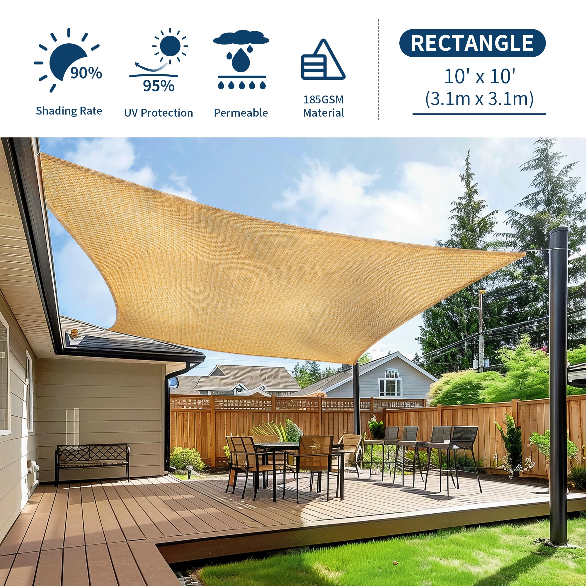 EMEKIAN 3.1m x 3.1m Rectangle Sun Shade Sail - Sand HDPE UV Block Canopy