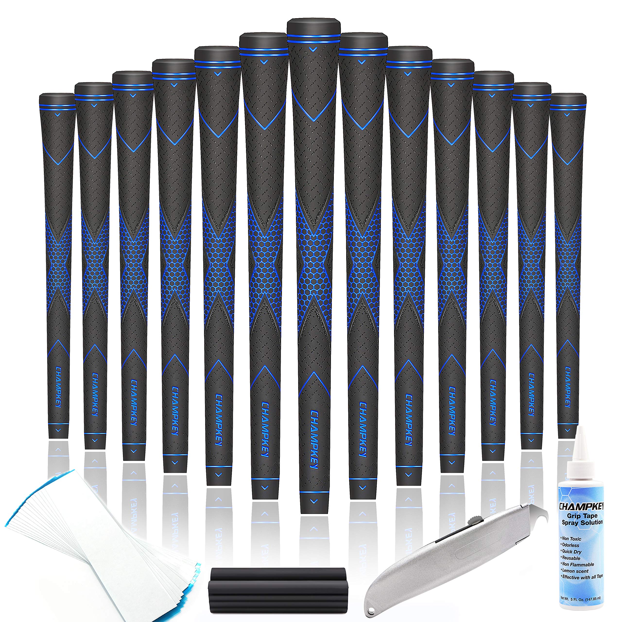 CHAMPKEY Rubber Golf Grips 13 Pack | Oversize Club Repair Kit – Black/Blue