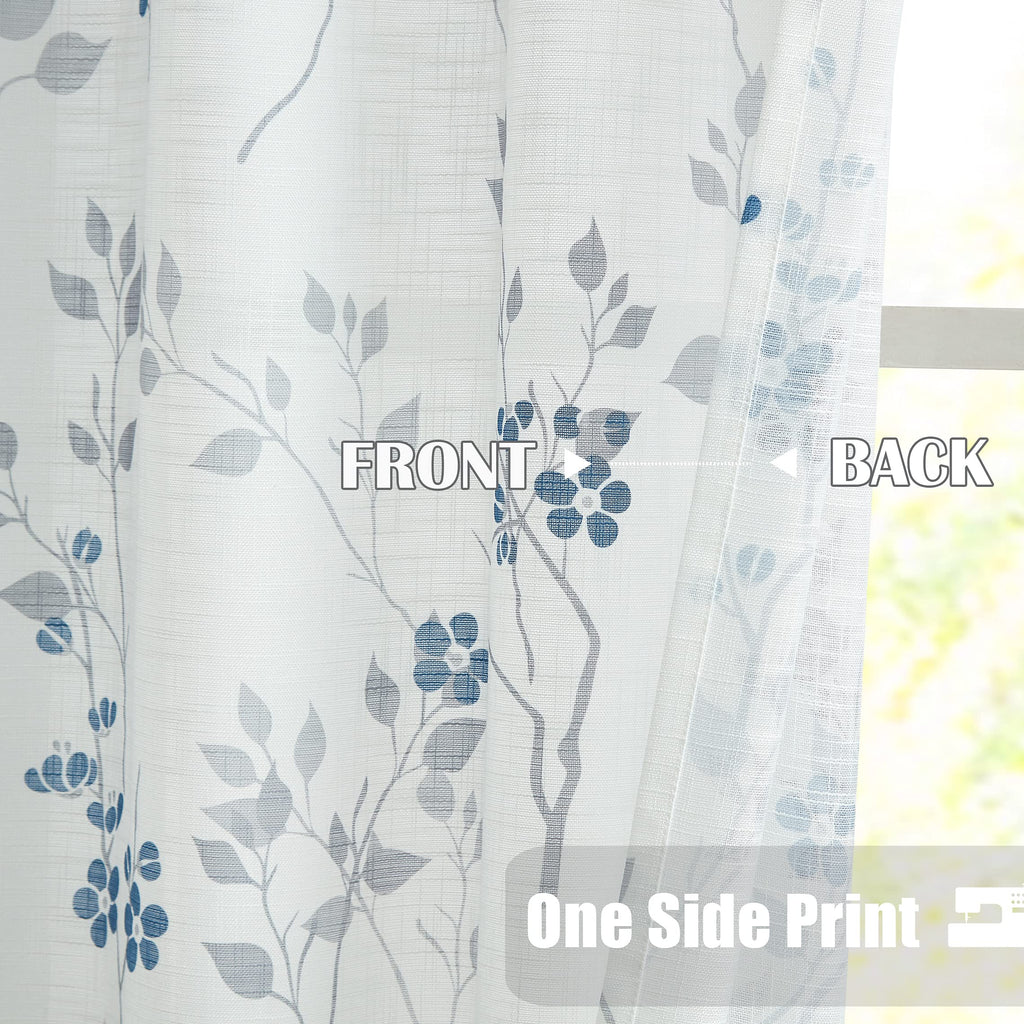 Beauoop Blue Grey Floral Semi Sheer Curtains - Linen Textured 90 Drop