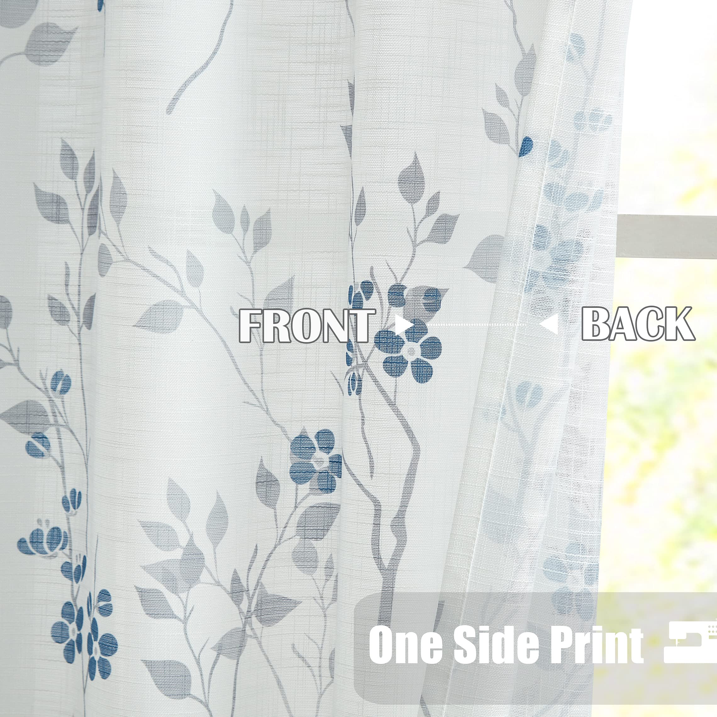 Beauoop Blue Grey Floral Semi Sheer Curtains - Linen Textured 90 Drop