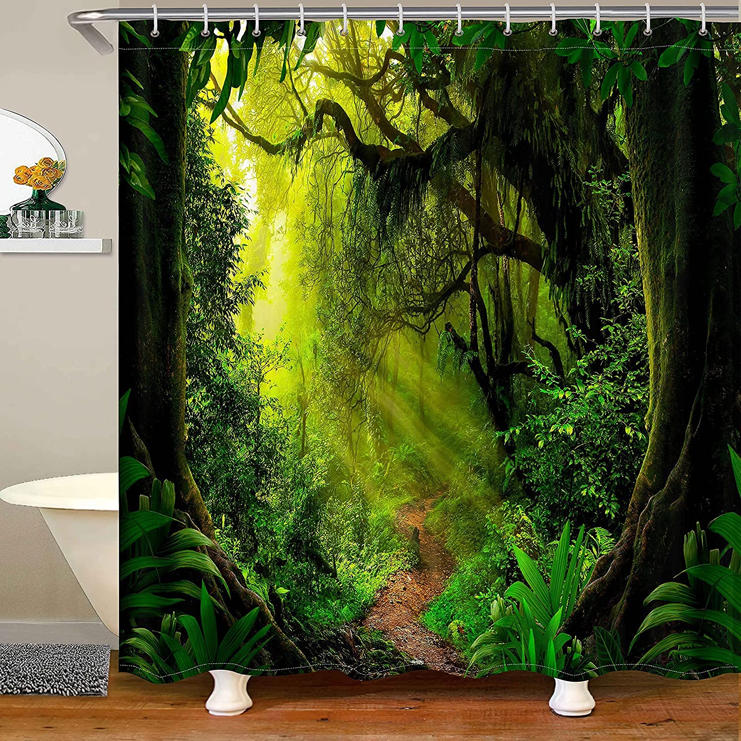 Loussiesd Woodland Shower Curtain | Green Foliage Polyester Bath Decor