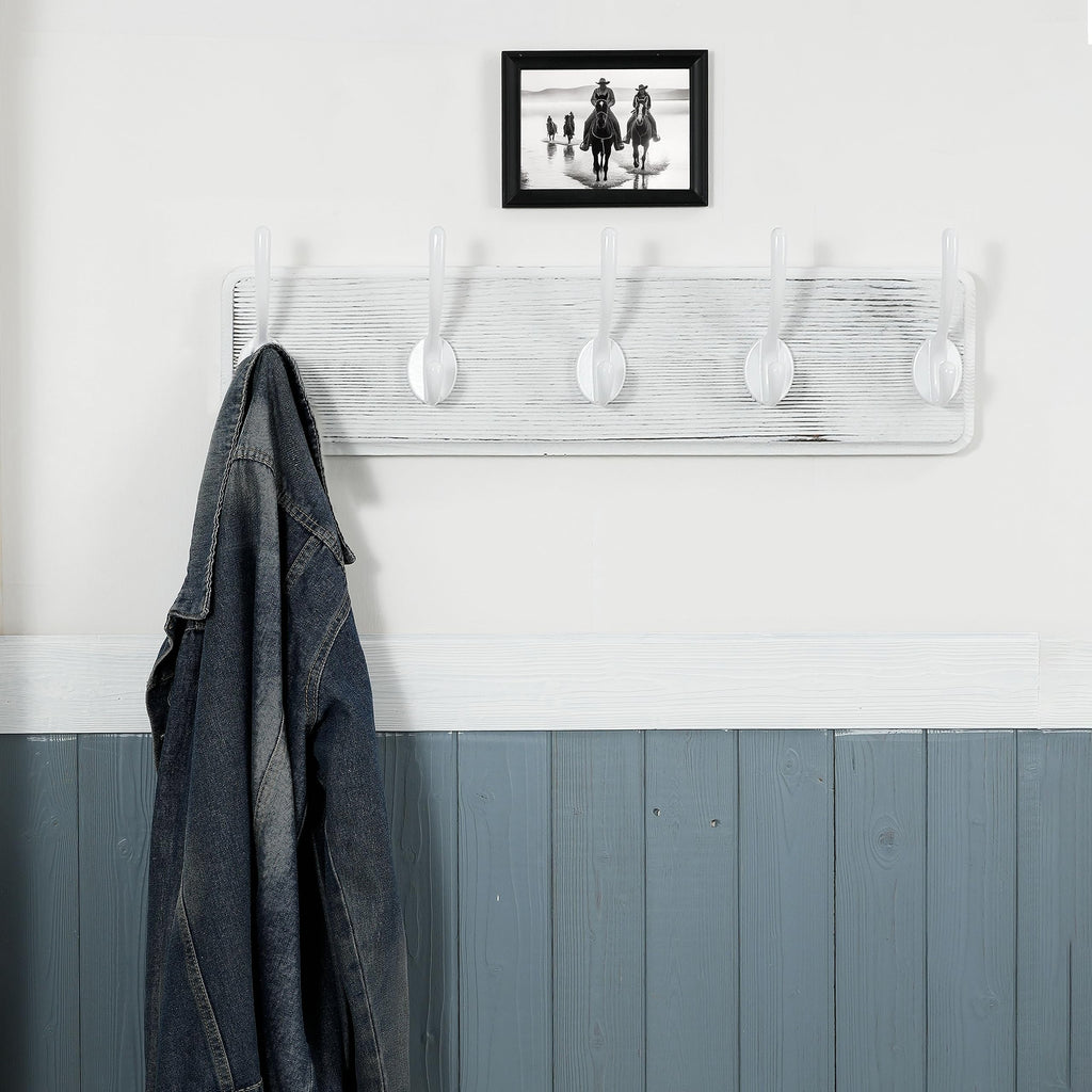 WEBI Rustic White Solid Wood Wall Mounted Coat Rack with 5 Hooks – 2 Pack