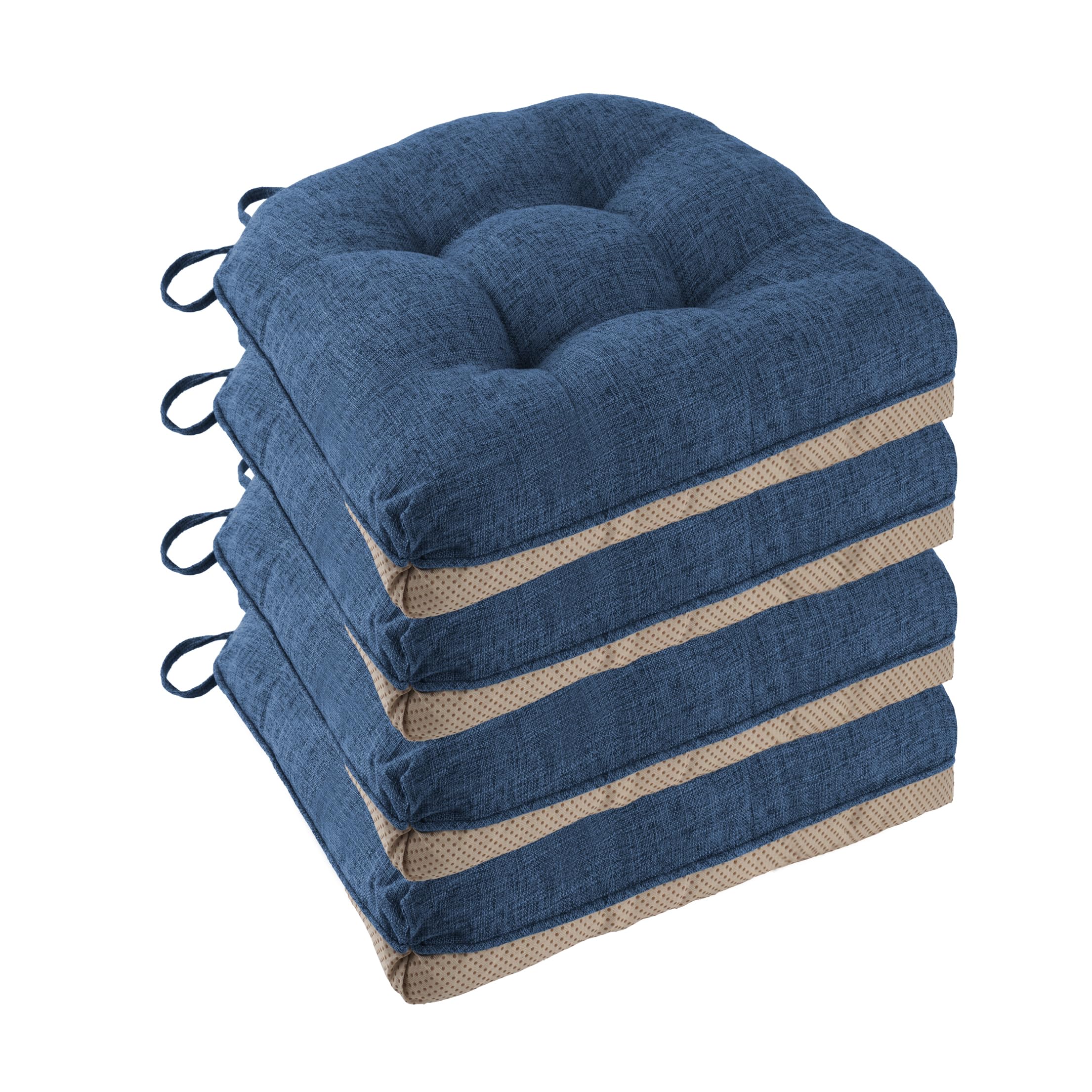 FlyGulls Non-Slip Dining Chair Cushions - Set of 4 Tufted Faux Linen Pads