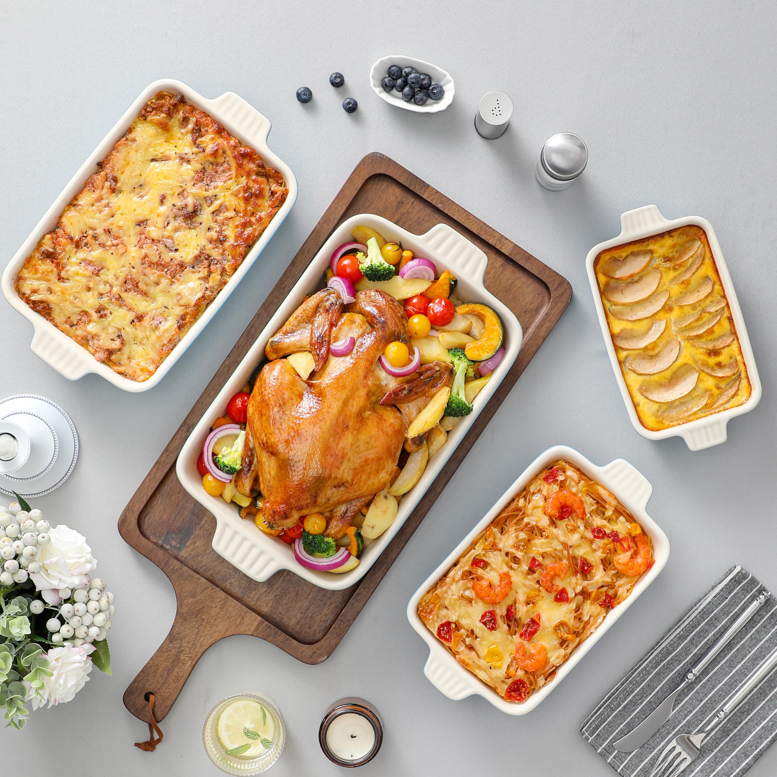 MALACASA 4-Piece Rectangular Porcelain Baking Dish Set with Handles, Blue