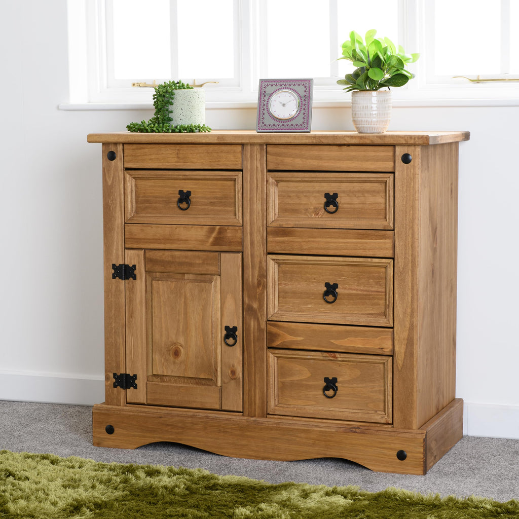 Seconique Corona 1 Door 4 Drawer Sideboard in Distressed Waxed Pine