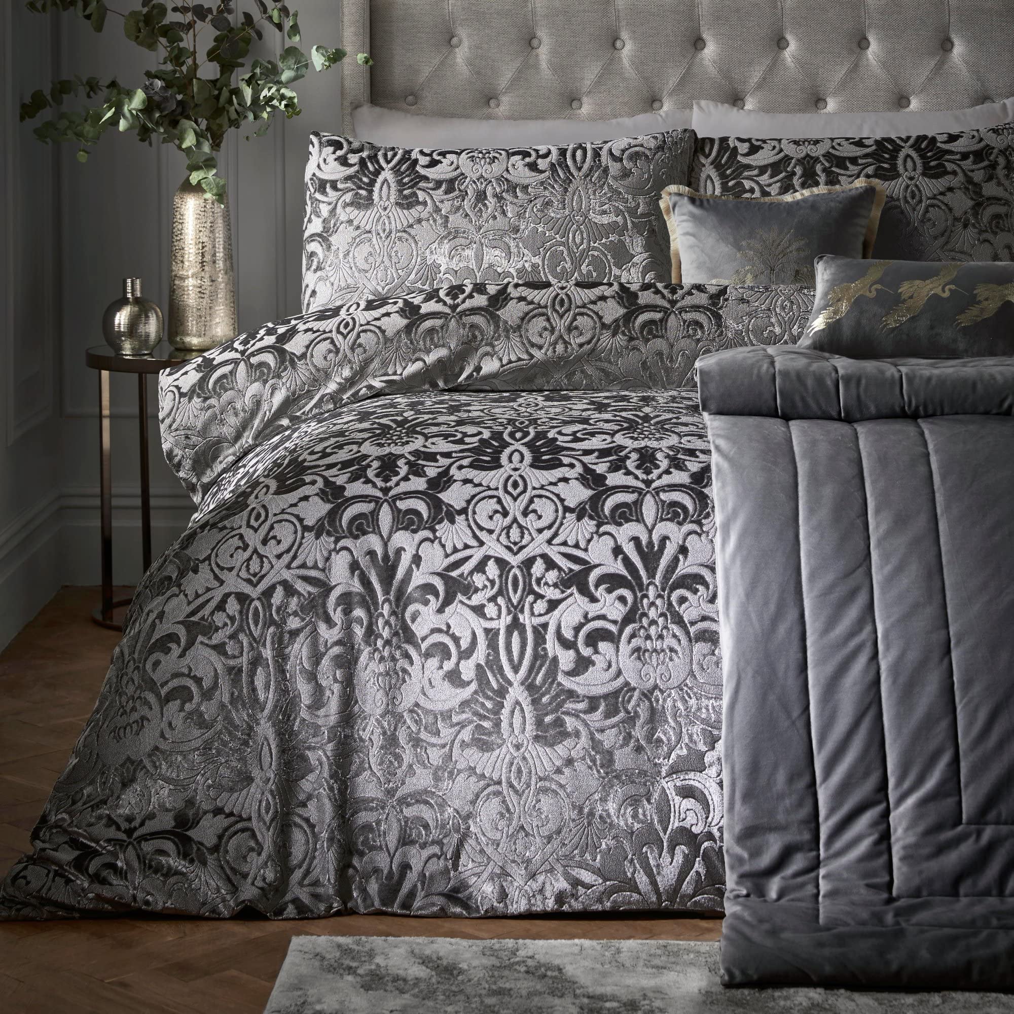 Laurence Llewelyn-Bowen Velvet Damask Duvet Cover Set – Slate Grey, Double