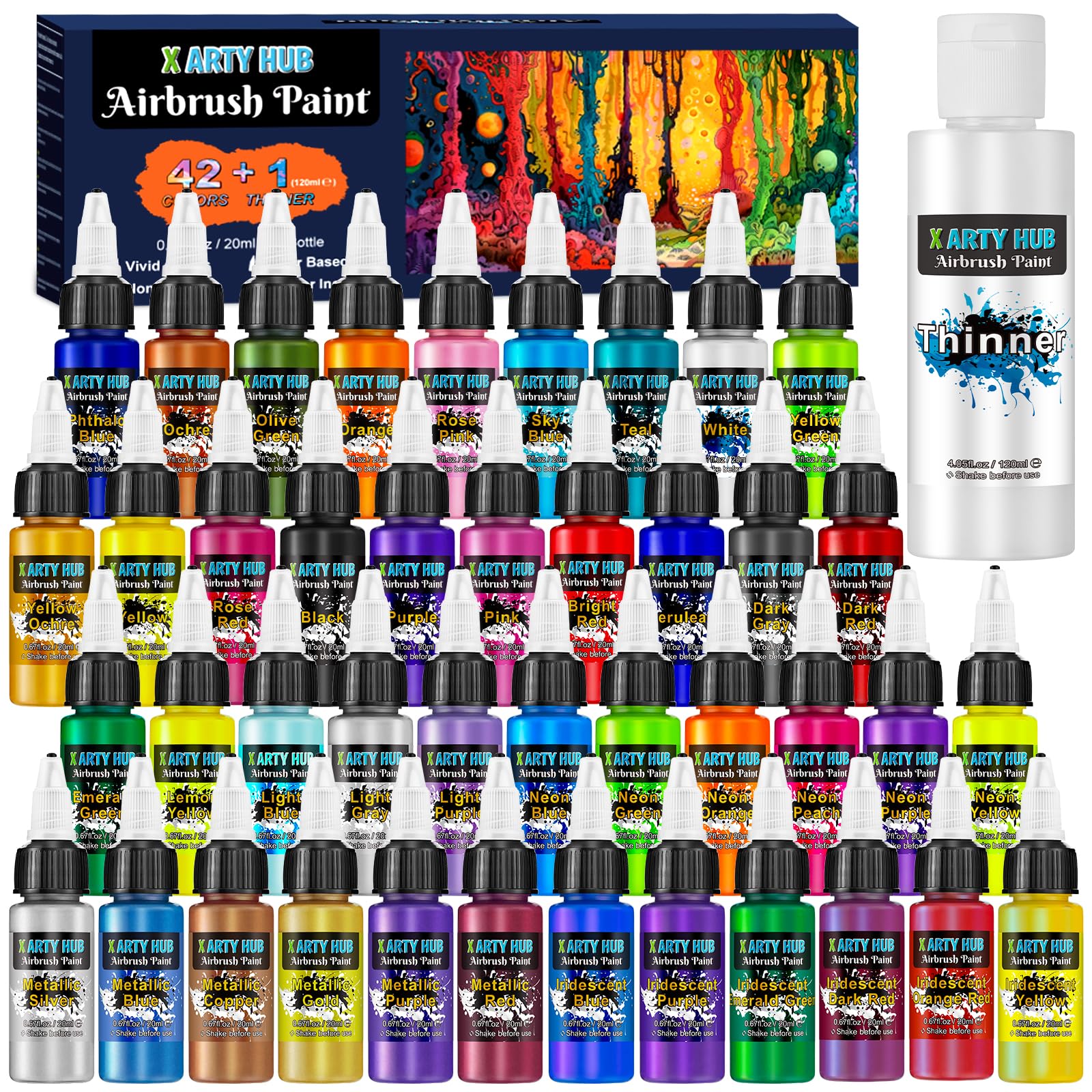 X ARTY HUB Airbrush Paint Set - 42 Colors Water-Based Acrylic with Thinner