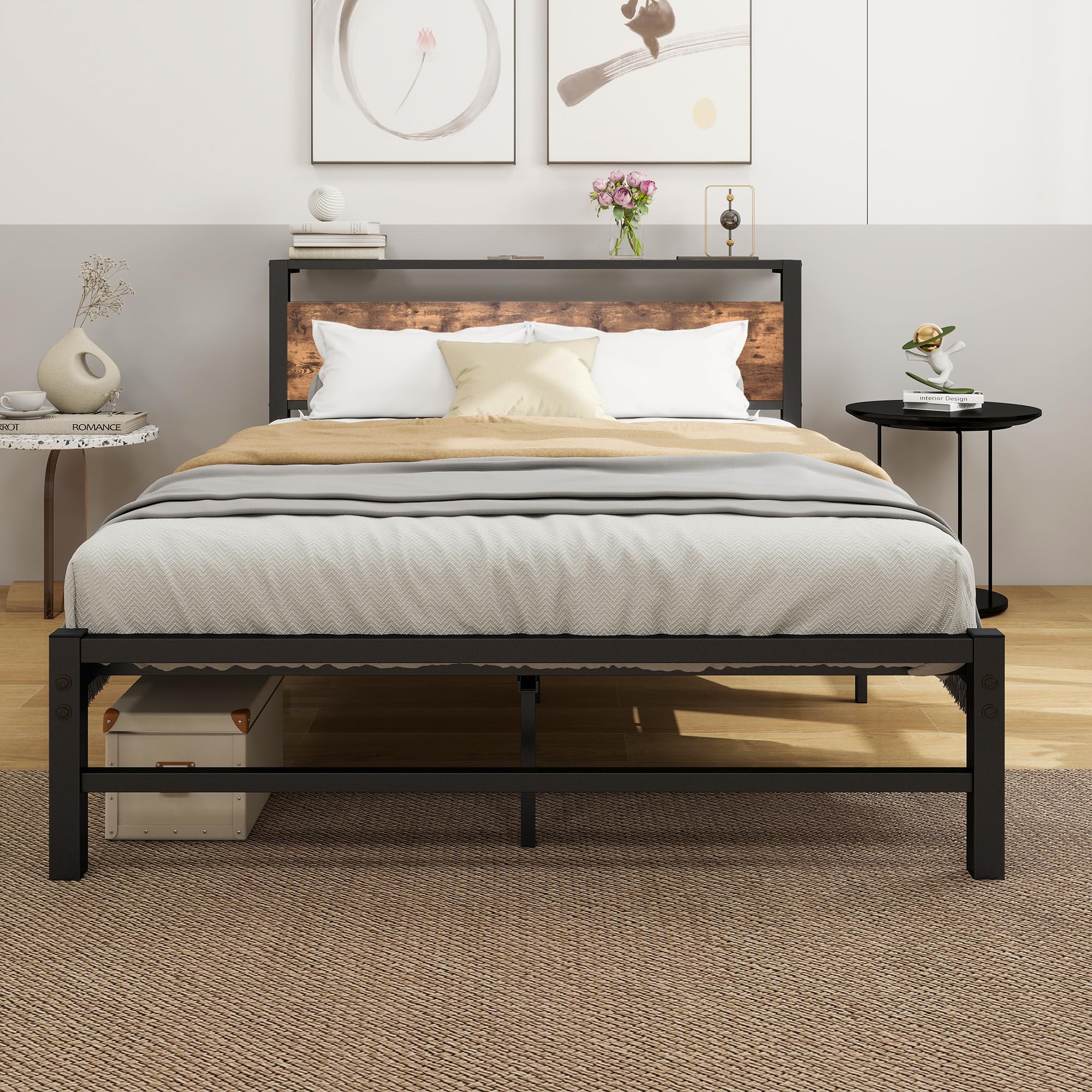 Arfarly Metal Bed Frame 140x200cm | Industrial Bed with Storage Headboard