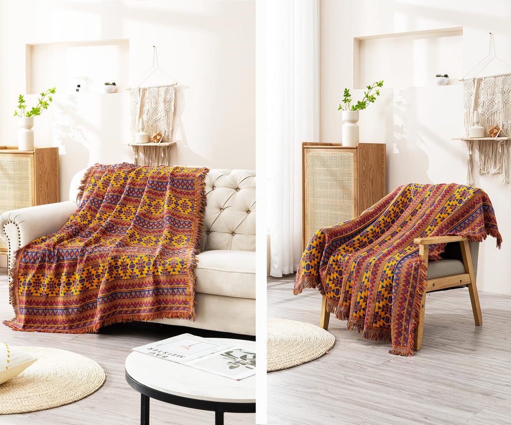 VANJOROY Bohemian Cotton Throw Blanket – Handwoven Knitted Sofa Cover