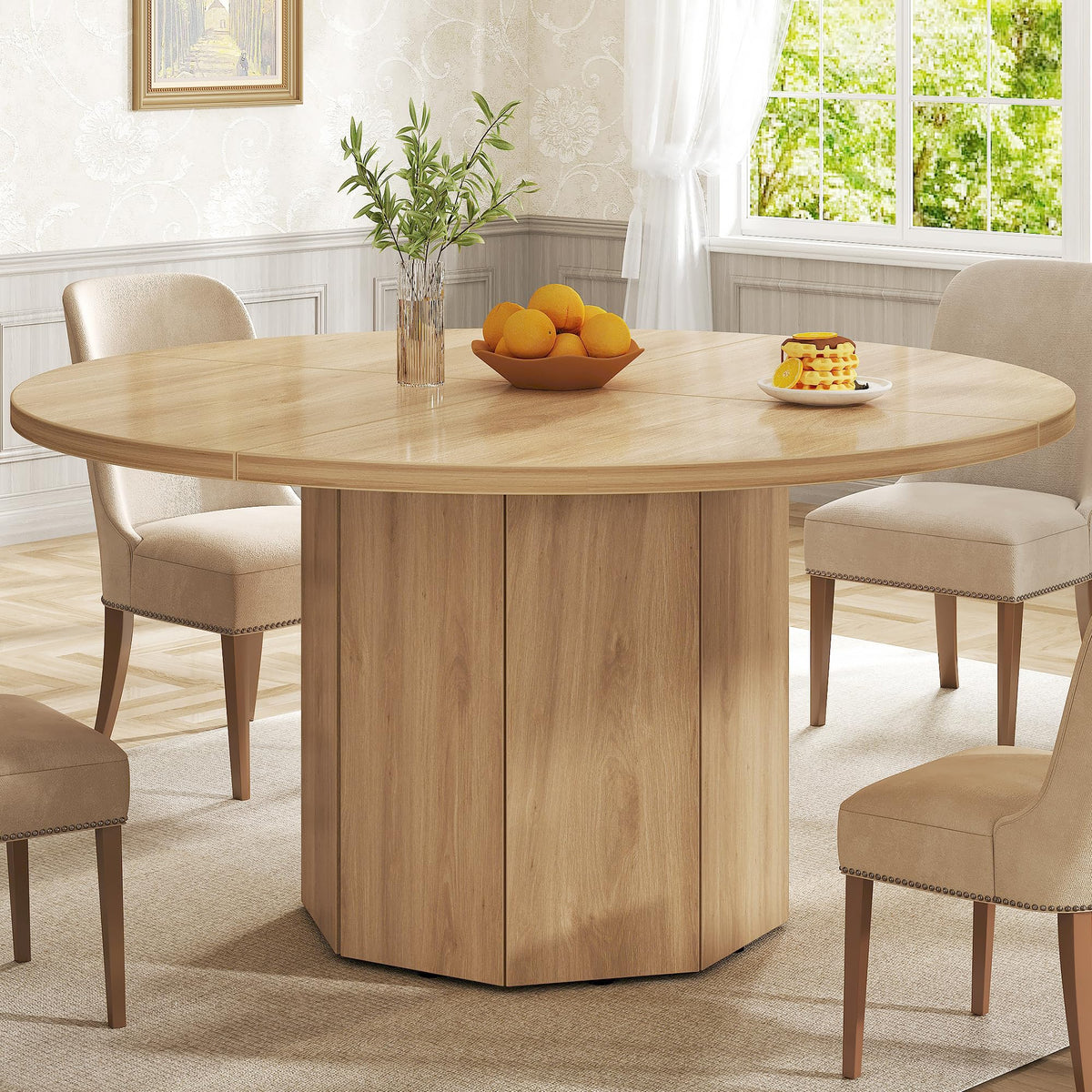 HSH Wooden Round Dining Table for 4, Modern Farmhouse Wood Dinner Table with Octagon Pedestal Base, Circular Kitchen Dining Room Table for Home - image 1