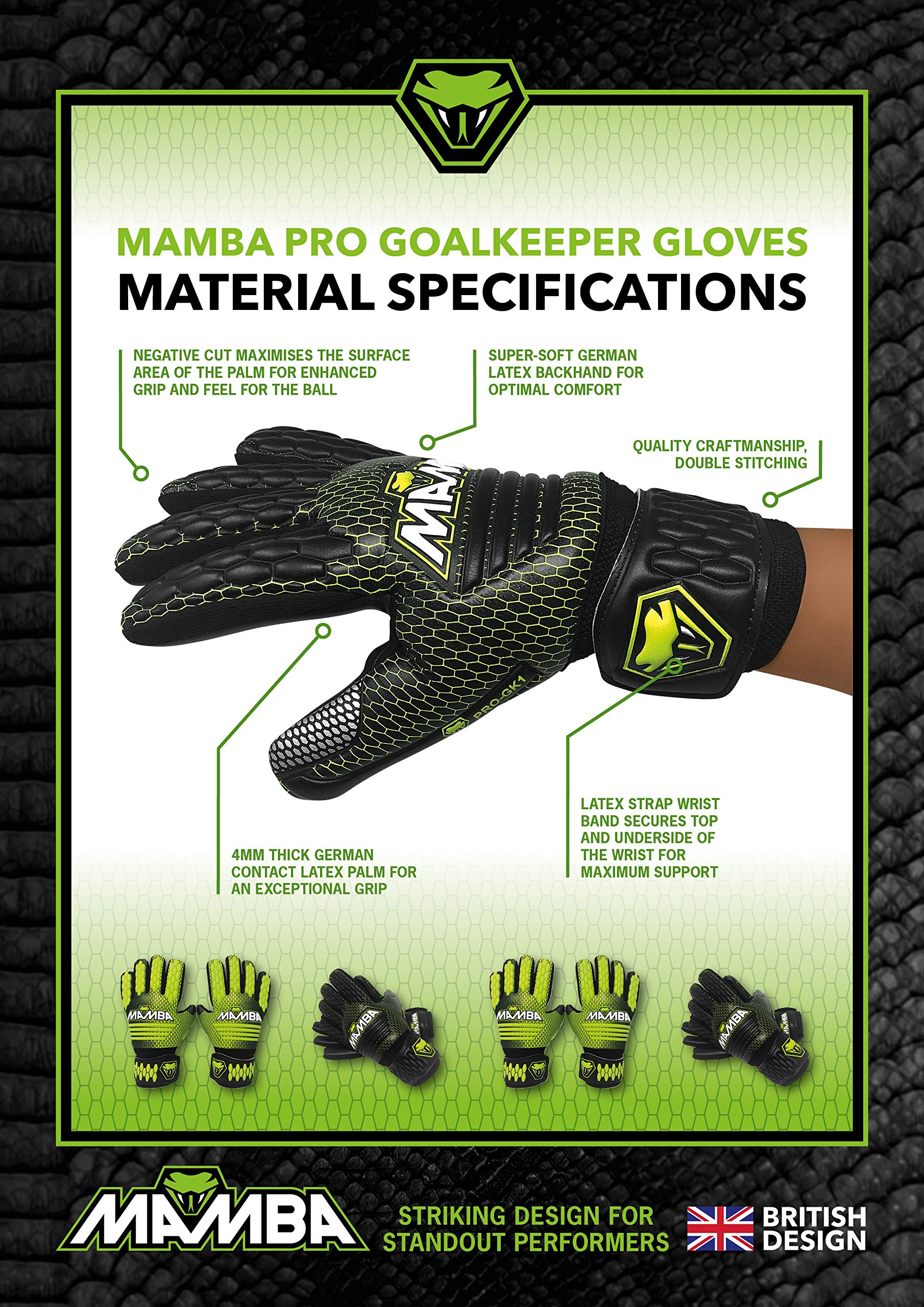 MAMBA Pro Goalkeeper Gloves | German Contact Latex | Negative Cut