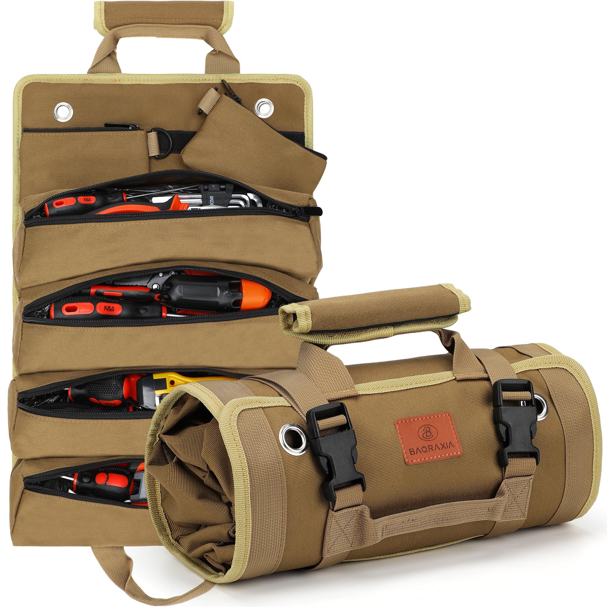 BAQRAXIA Heavy Duty Roll Up Tool Bag Organizer with 2 Detachable Pouches