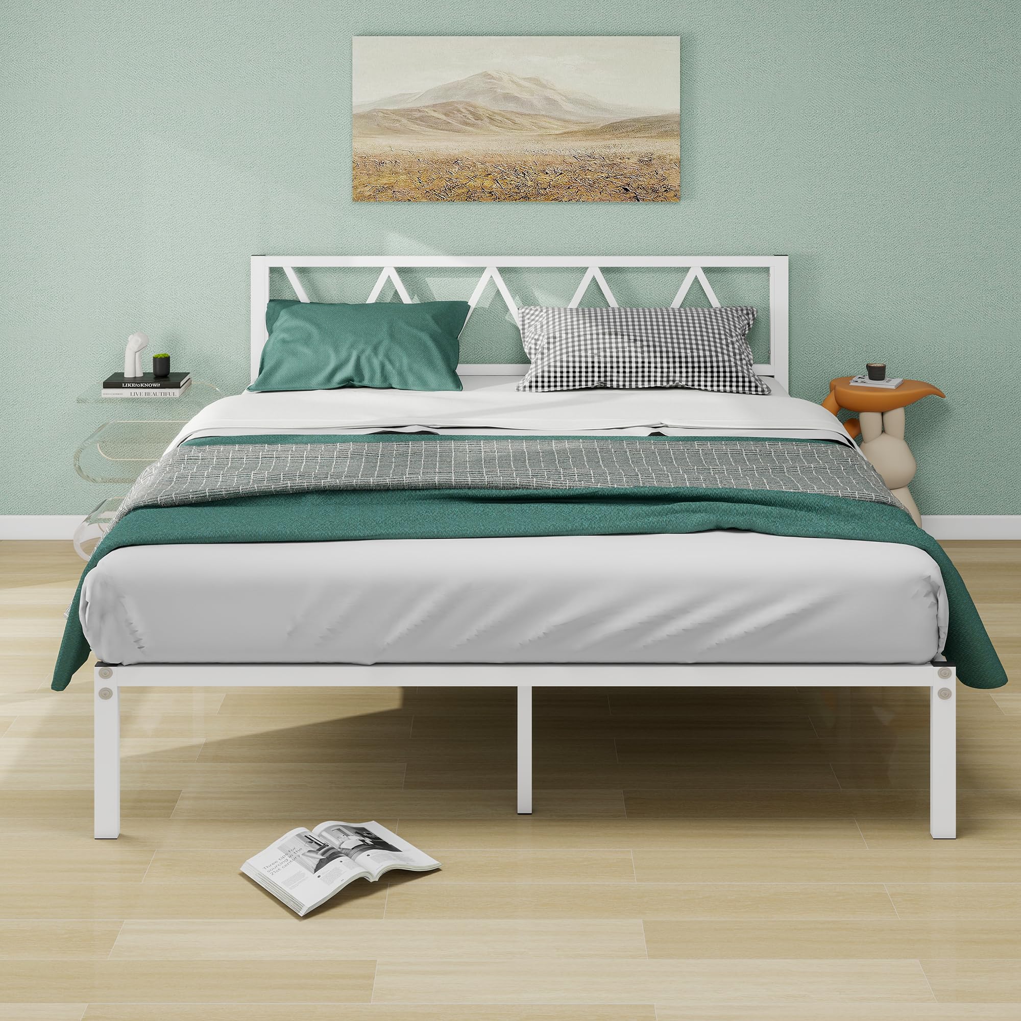 MOFLUT King Size Metal Bed Frame with Headboard – Heavy Duty White