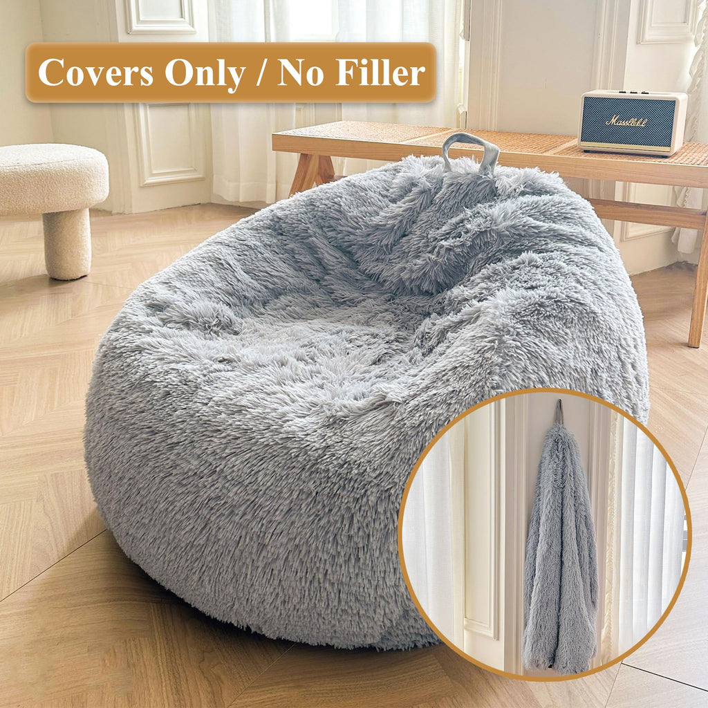 XeGe Faux Fur Stuffed Animal Storage Bean Bag CoverNo Filler, Light Grey