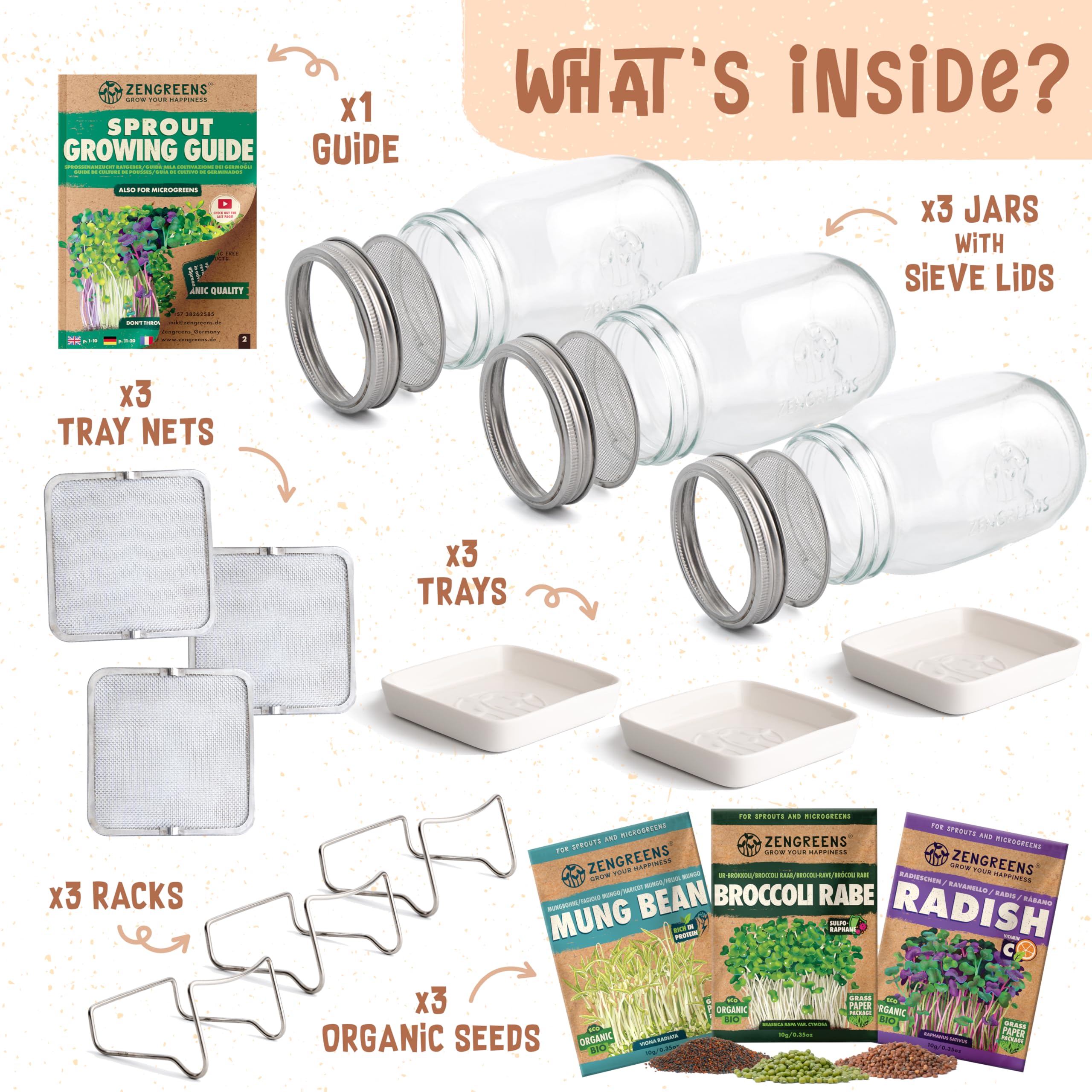 ZenGreens Organic Sprout Jar Set with Seeds, Tray & Video Course