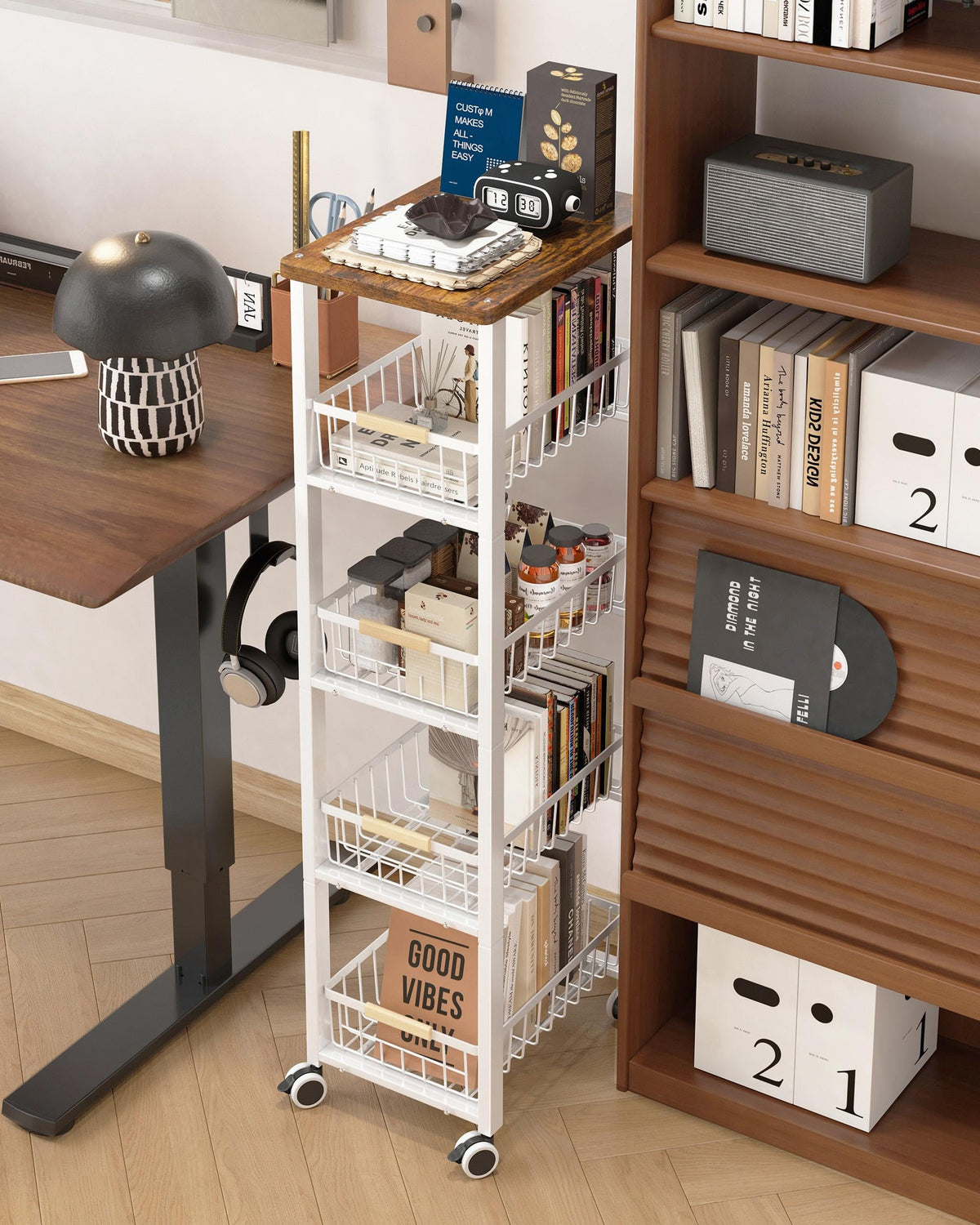 Ornestia 5-tier Vegetable Rack with Wooden Top for Kitchen Storage（White - image 2