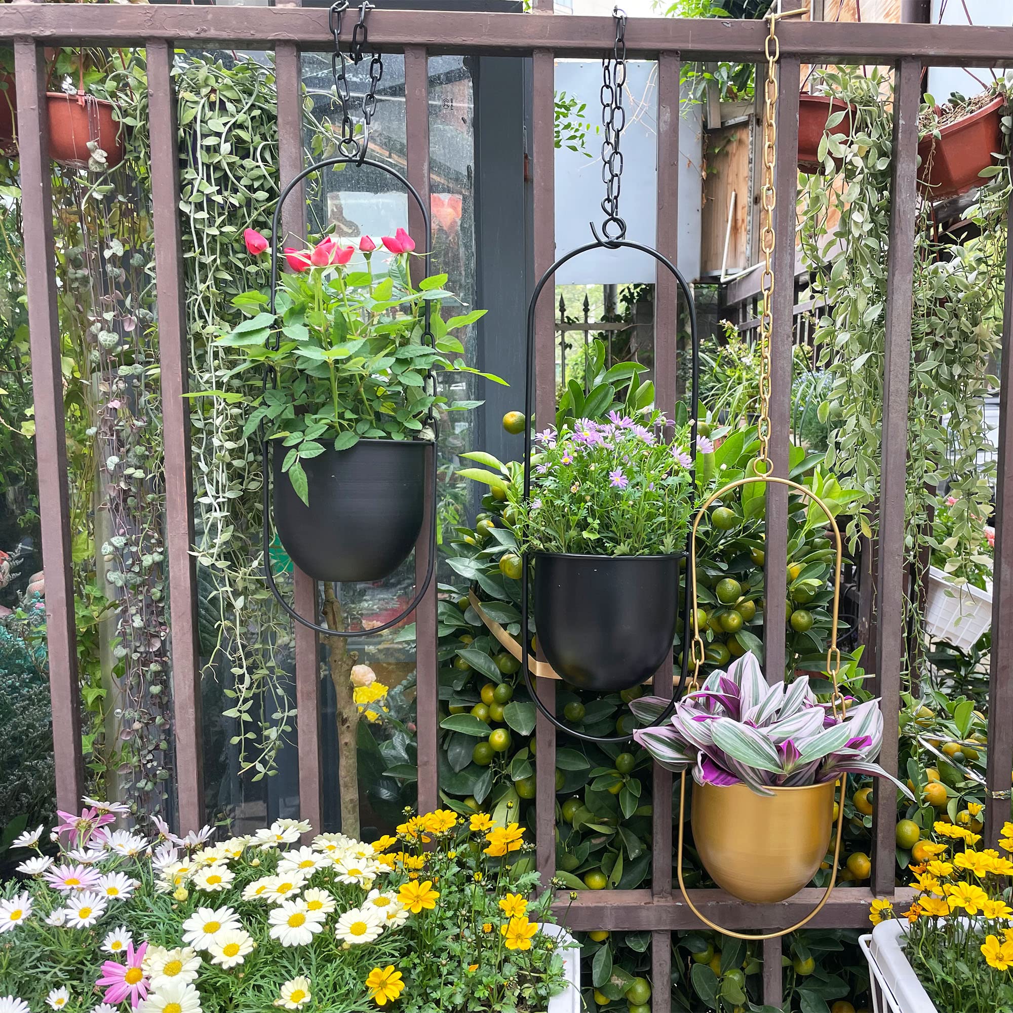 VDYXEW Metal Hanging Planter – Modern Black Ceiling Flower Pot for Indoor