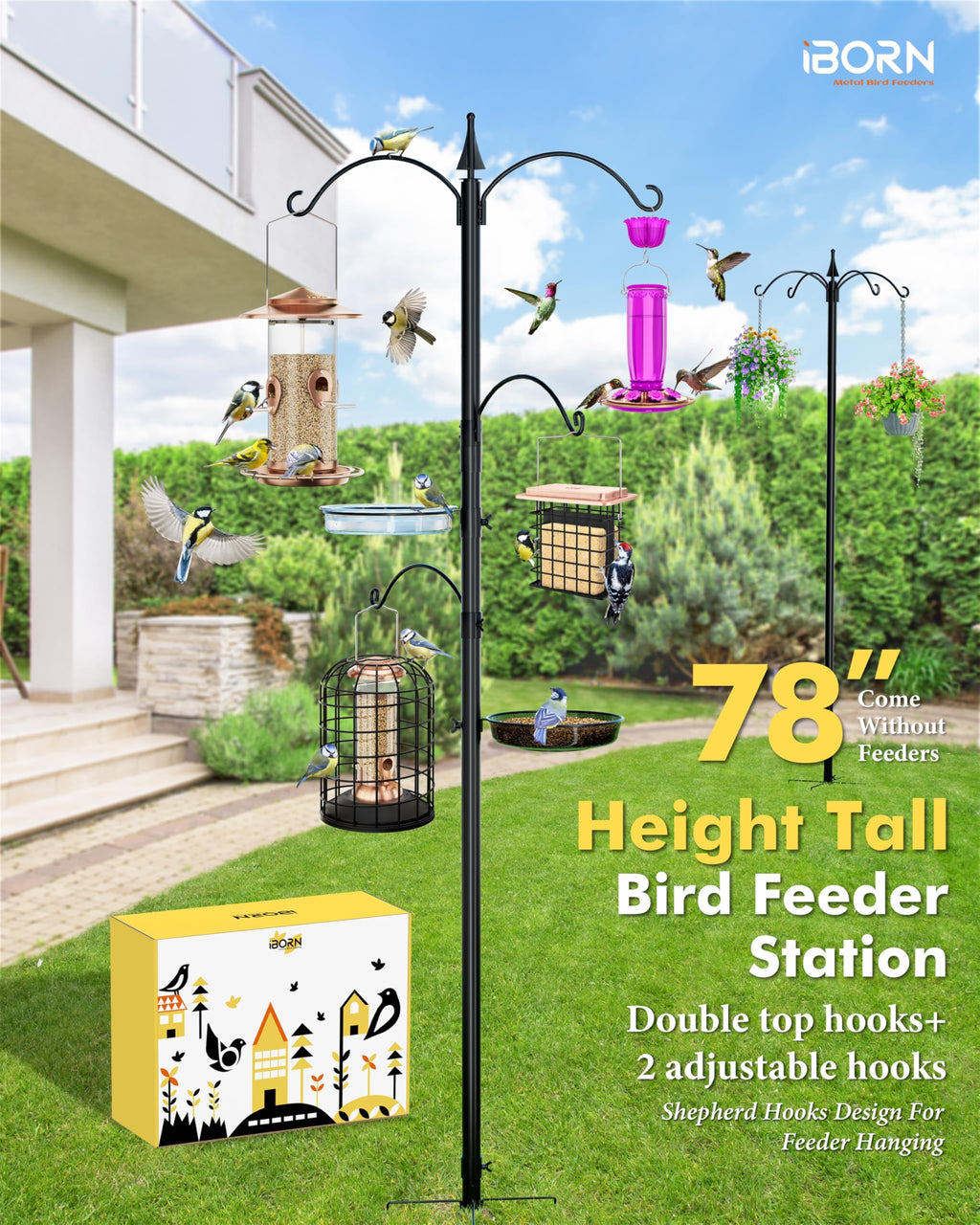 iBorn 78" Wild Bird Feeding Station – Heavy Duty 5-Prong Pole Stand