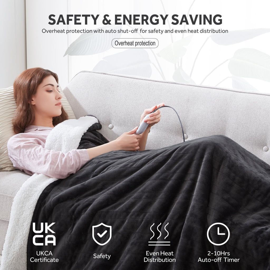 Warmrest Electric Heated Blanket - Double Flannel Sherpa in Grey