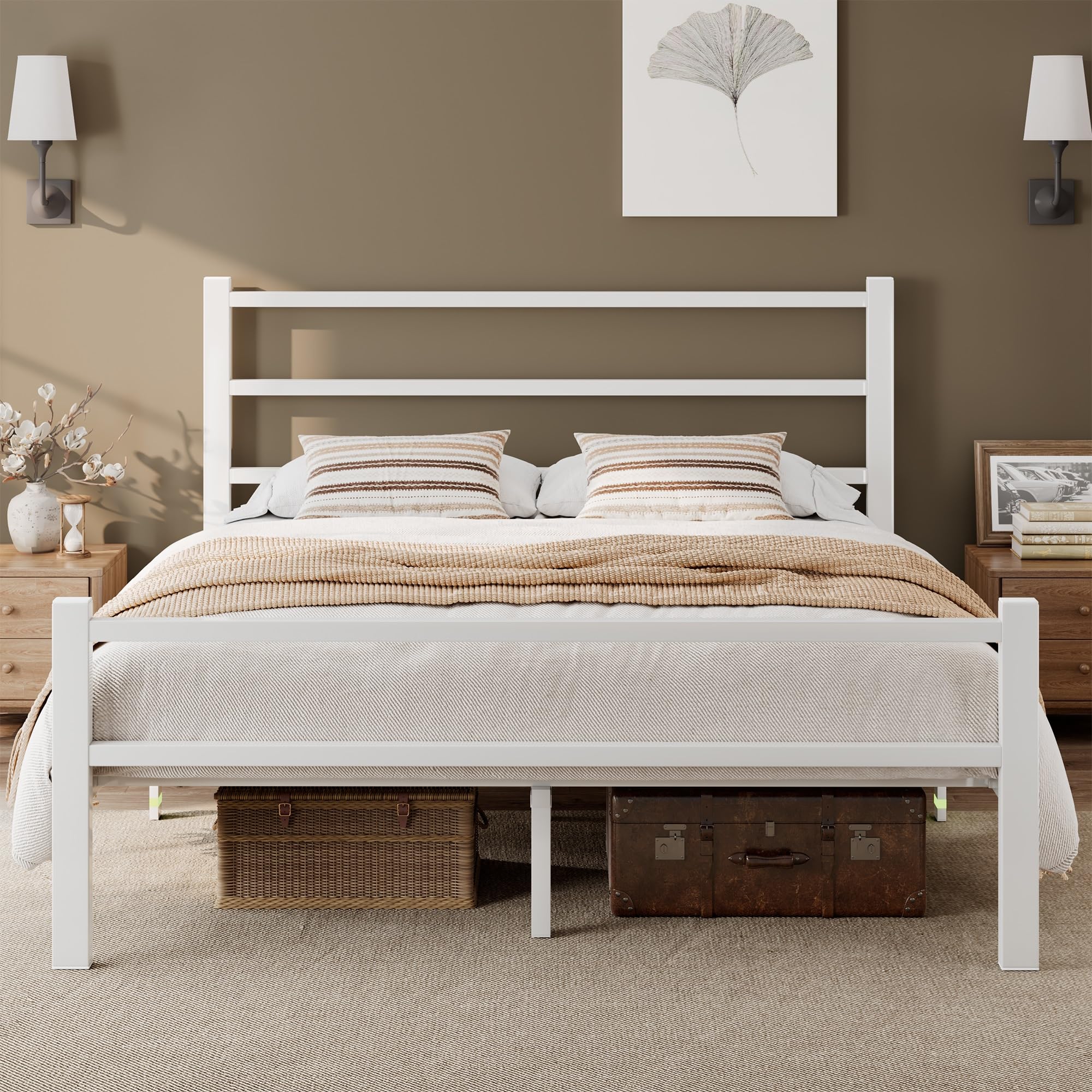 Feonase 5Ft Metal Double Bed Frame with Headboard and Storage - White