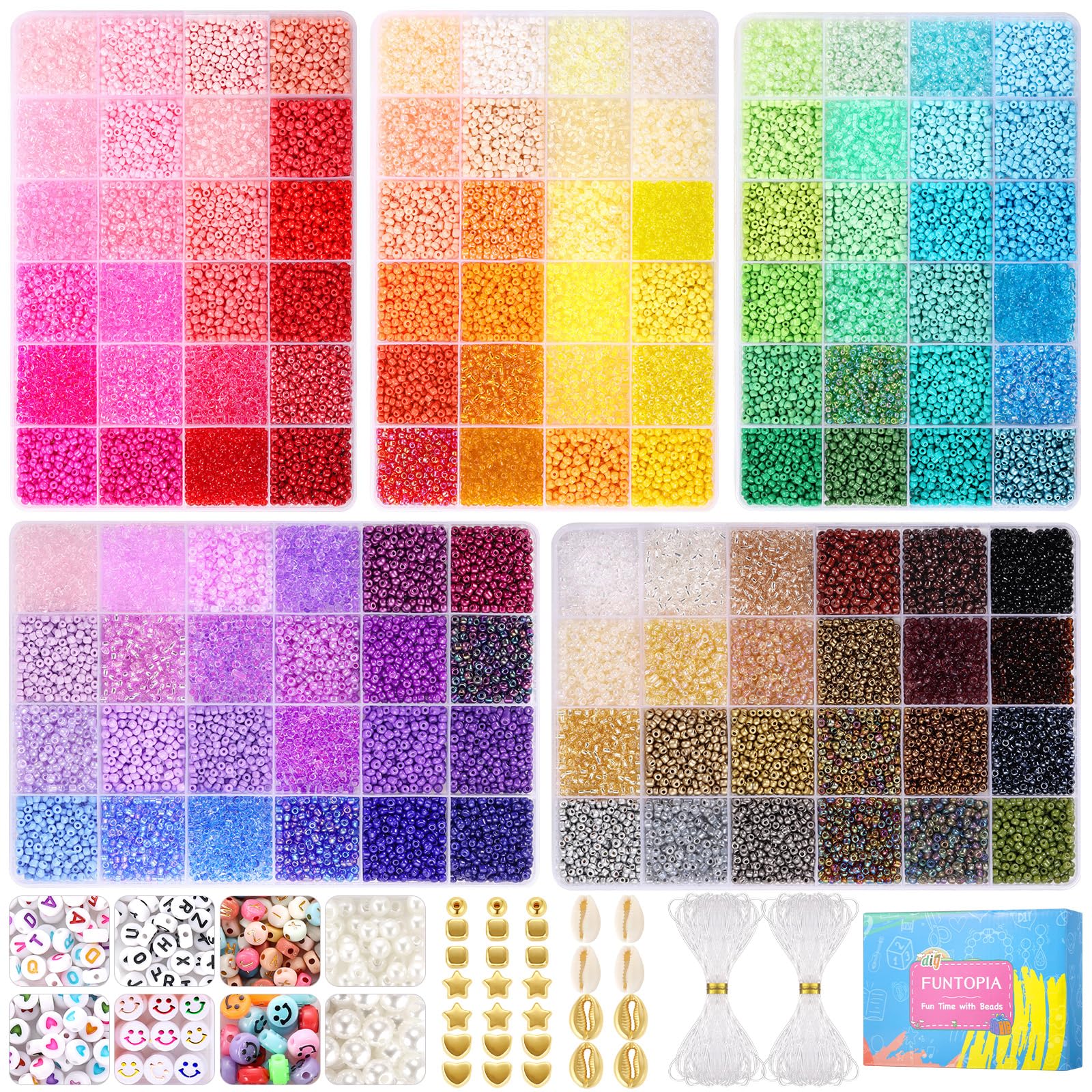 Funtopia 37000+ Pcs Glass Seed Beads Kit | 120 Colors Jewelry Making Set
