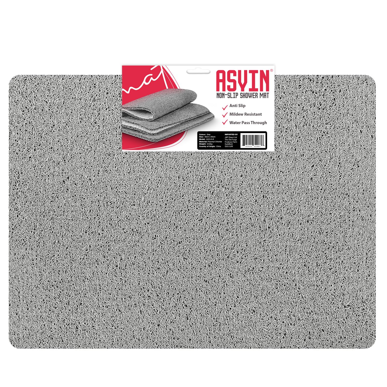 Asvin Anti Slip Loofah Bath & Shower Mat | Quick Drying Grey (60x80cm)