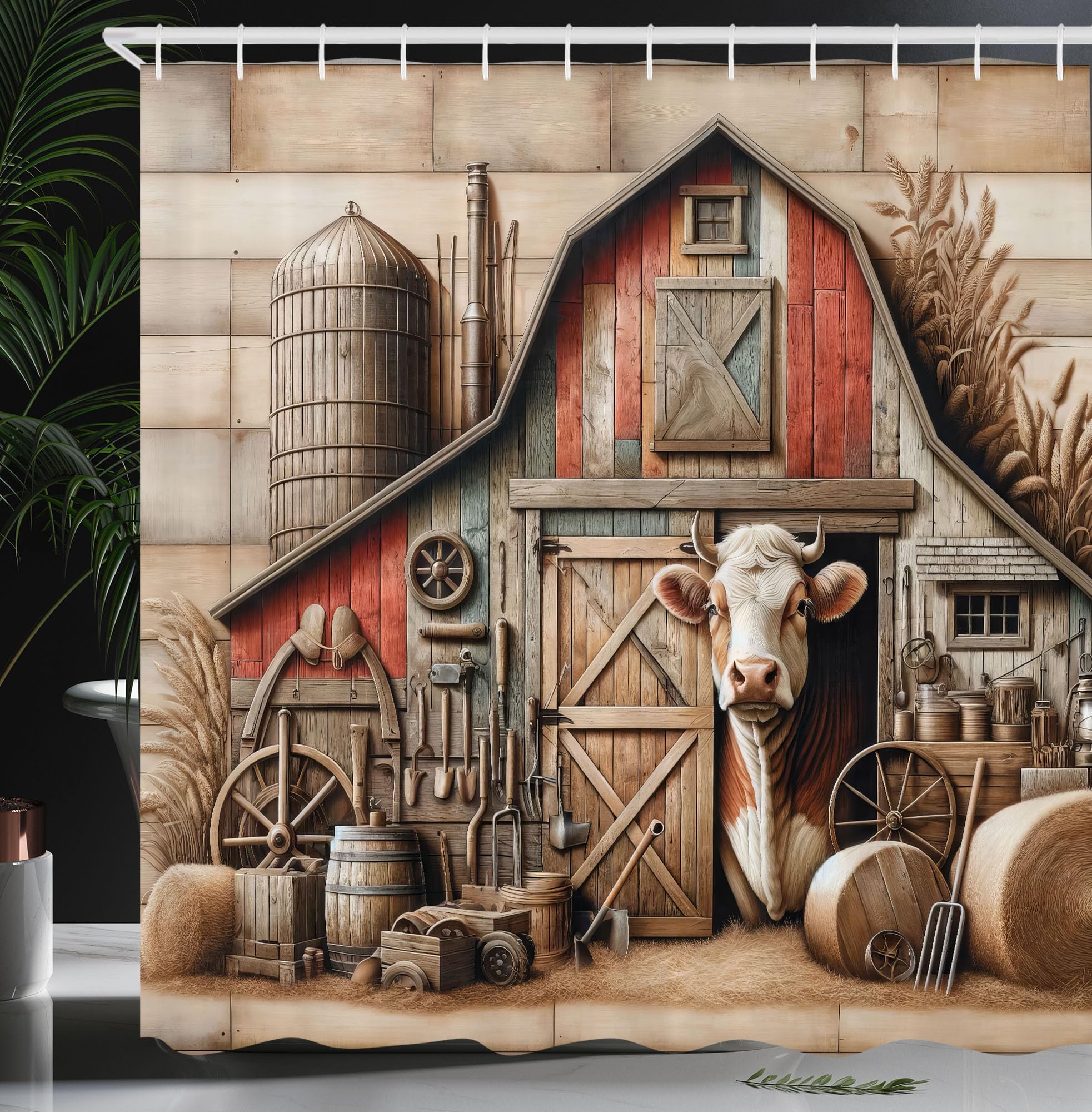 ABAKUHAUS Rustic Barn Fabric Shower Curtain – Waterproof Bathroom Decor Set