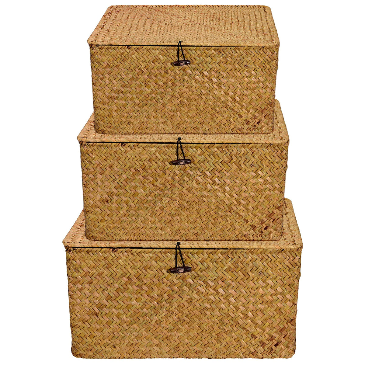 Set of 3 Seagrass Rattan Boxes with Lid, Rectangular Woven Storage Hamper - image 1