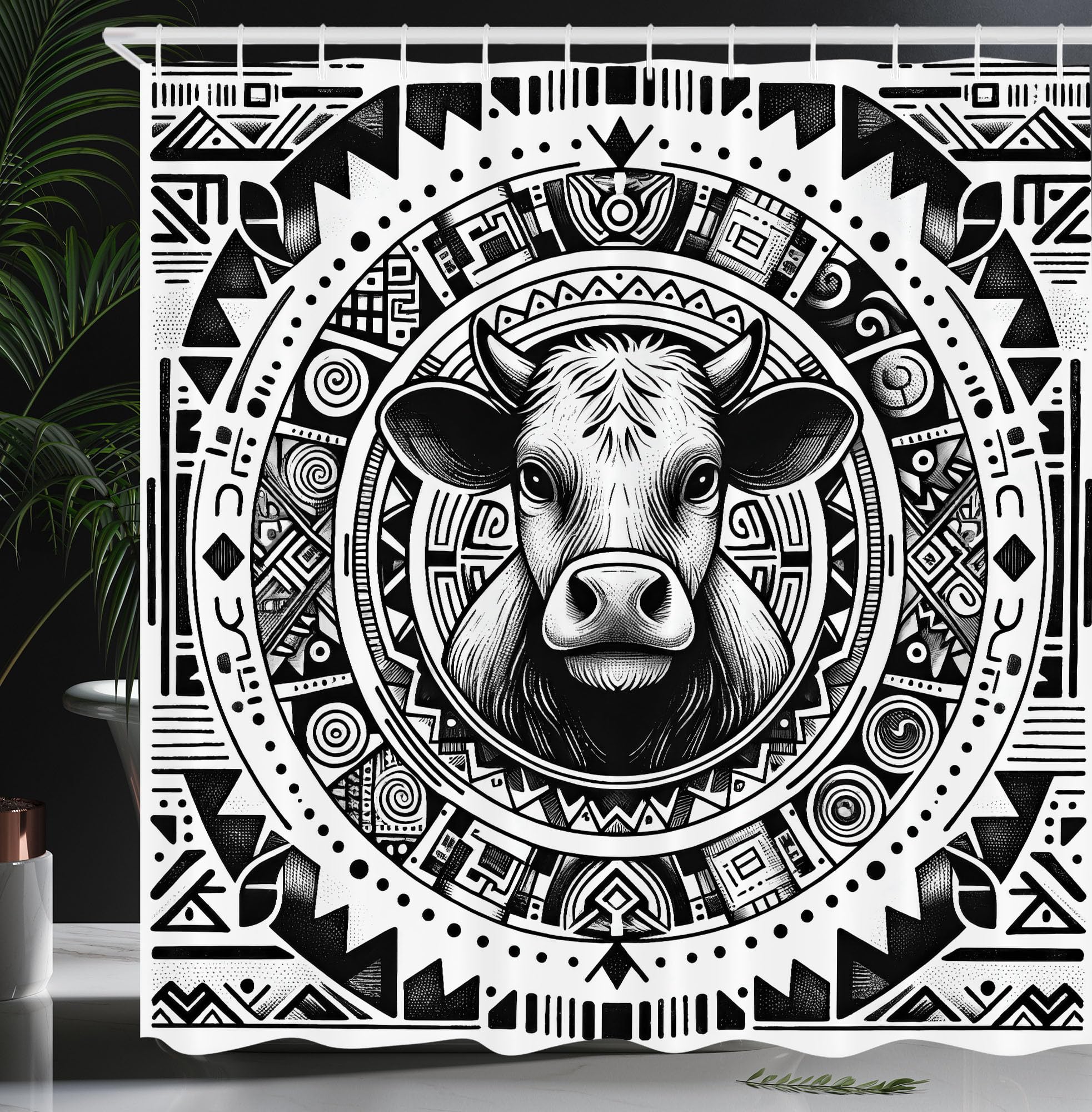 ABAKUHAUS Southwestern Cow Sketch Shower Curtain | Waterproof Fabric, 175x200cm