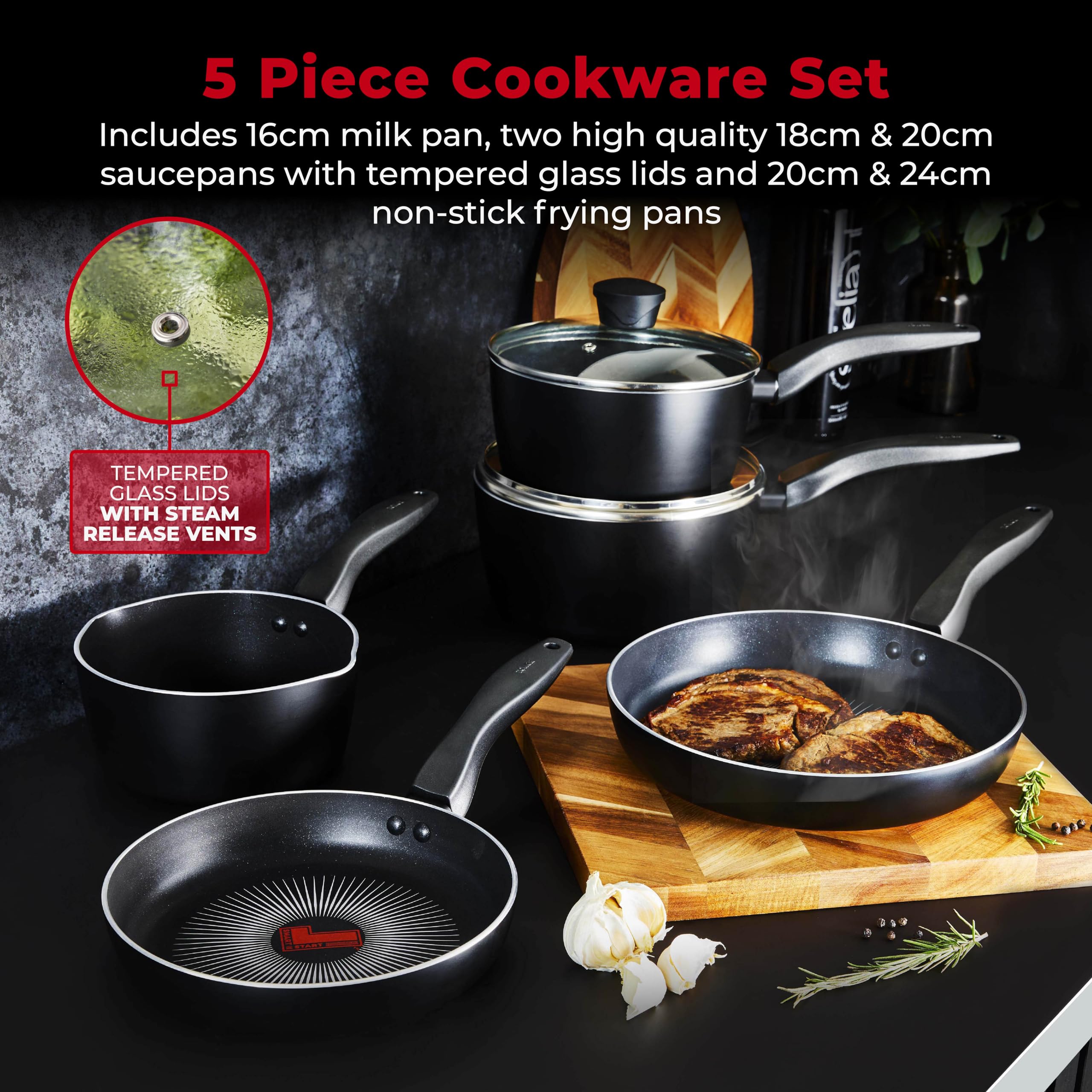 Tower SmartStart Gourmet 5 Piece Non-Stick Cookware Set – Induction Safe