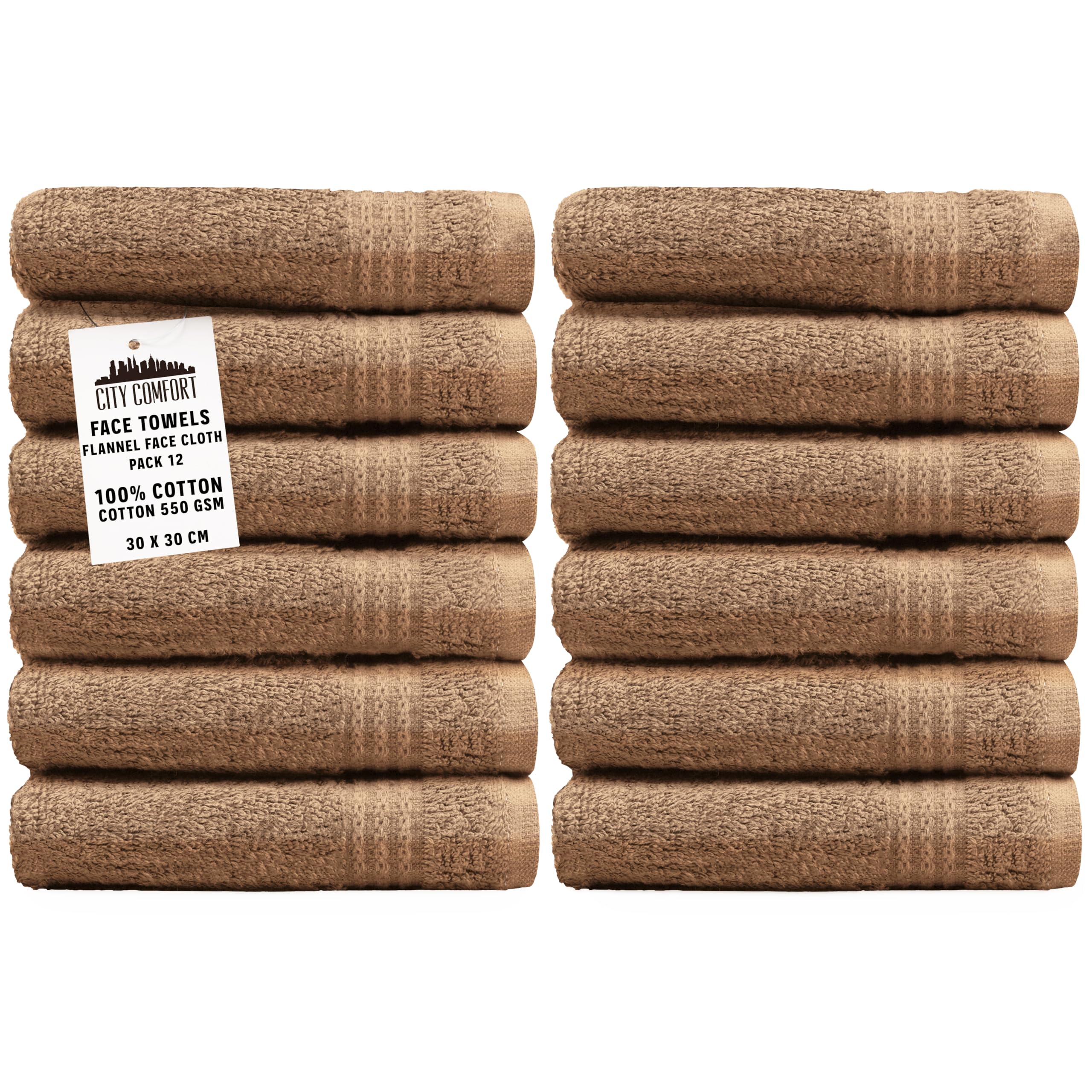 CityComfort 100% Cotton Face Towels | 550 GSM Soft Wash Cloths - 12 Pack