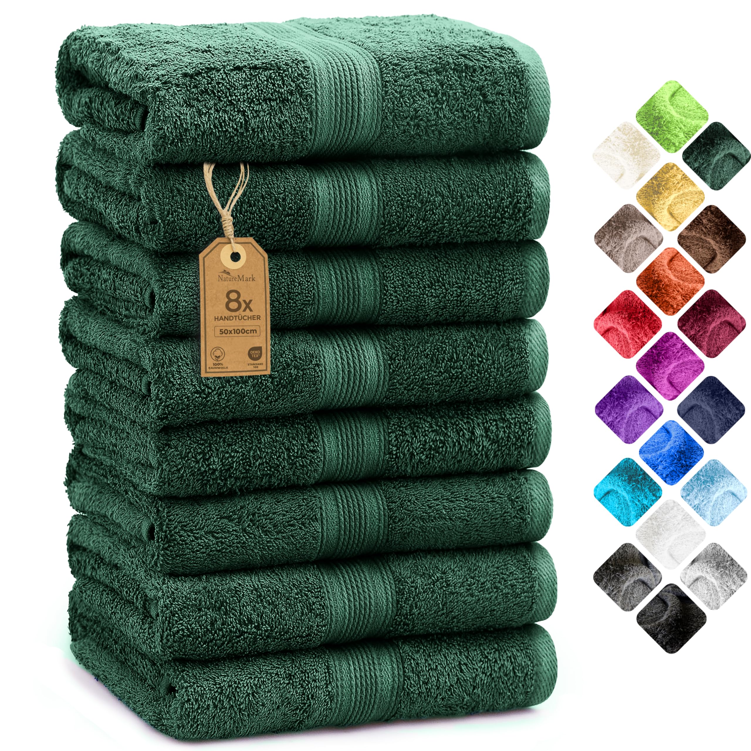 NatureMark 8-Piece Hand Towel Set | 100% Cotton 50x100cm - Dark Green